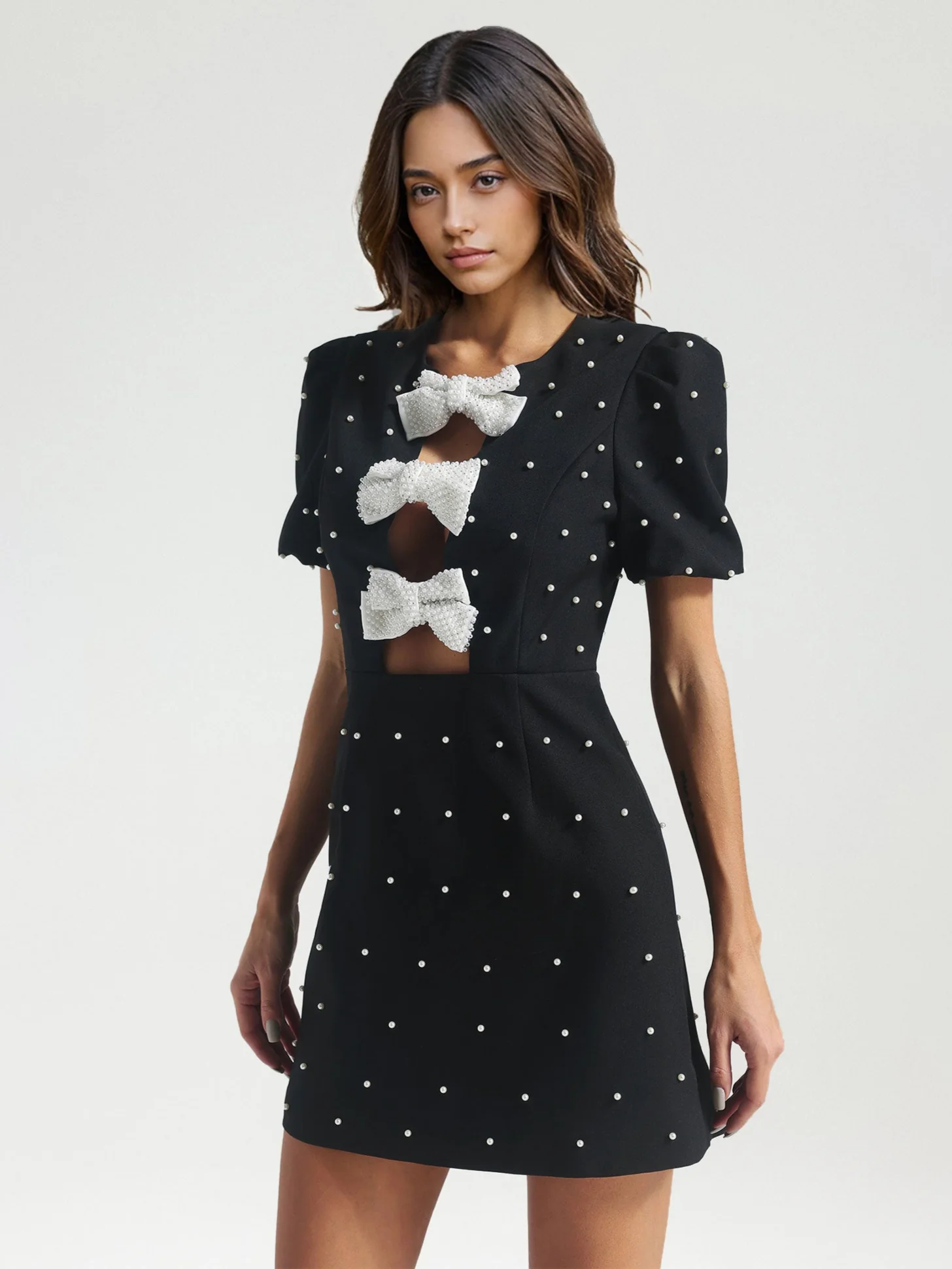 Bow Accent Embellished Mini Dress - XPRESSC