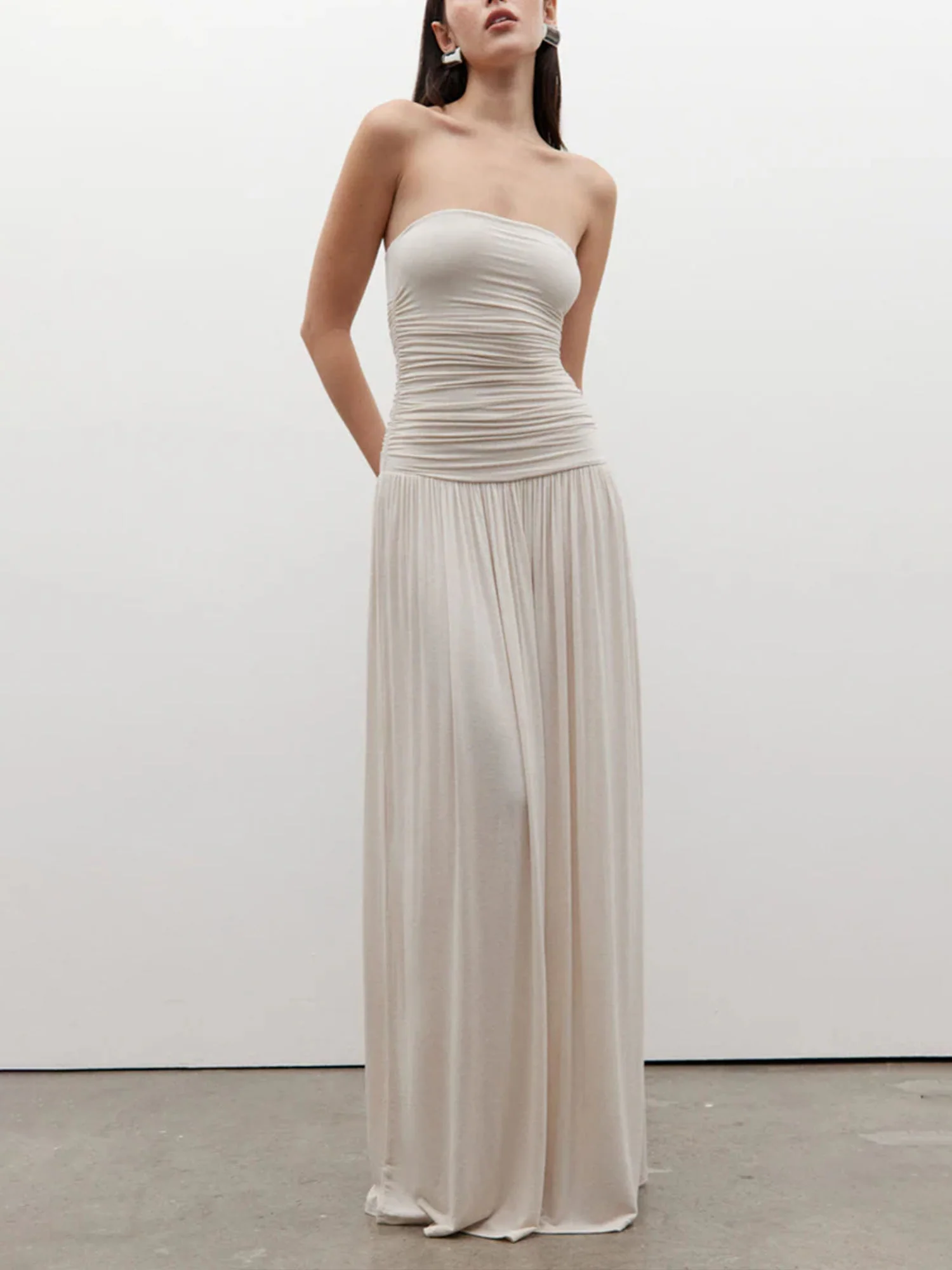 White Strapless Ruched Maxi Dress - XPRESSC