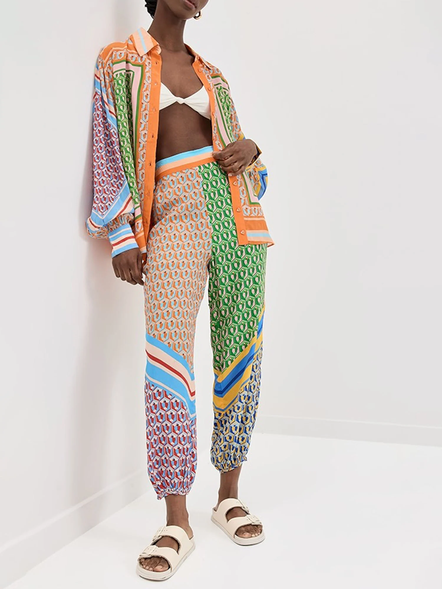 Geometric Print Drawstring Loose Bloomer Pants - XPRESSC