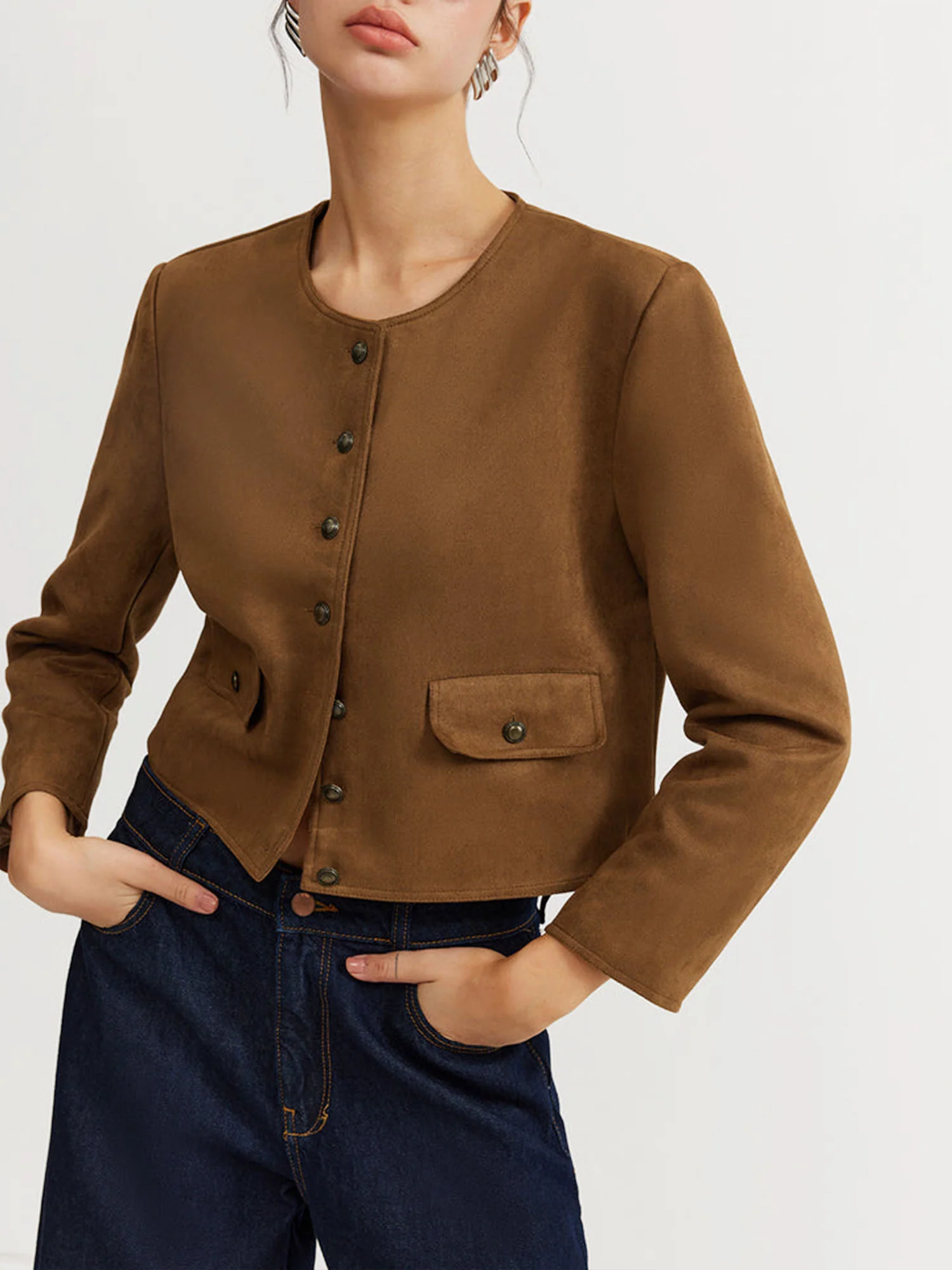 Brown Suede Buttoned Jacket - XPRESSC