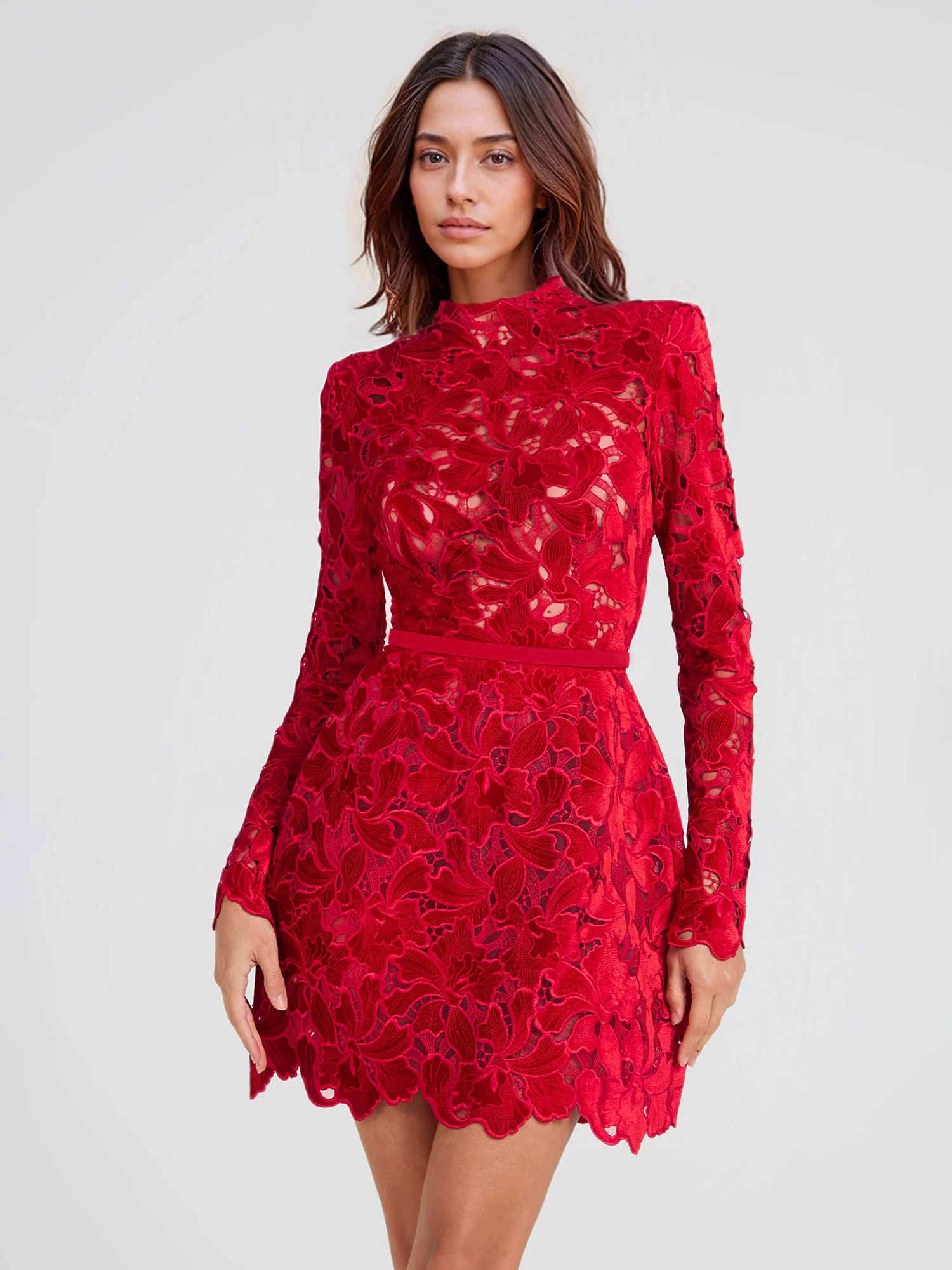 Lace Long Sleeve Mini Dress with Scalloped Hem - XPRESSC