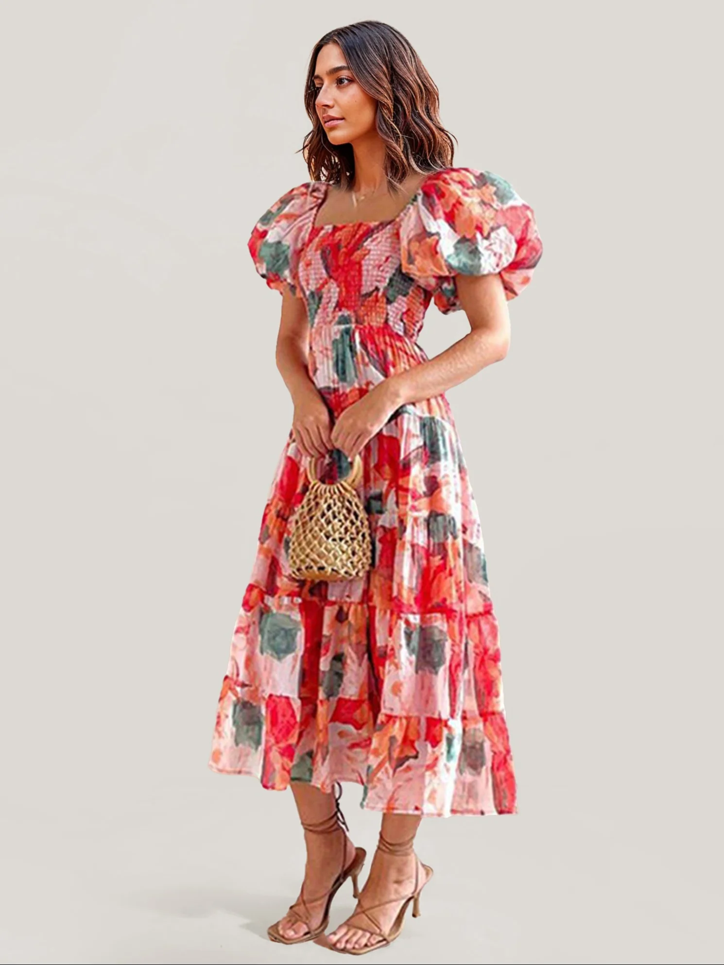 Floral Puff Sleeve Midi Dress - XPRESSC