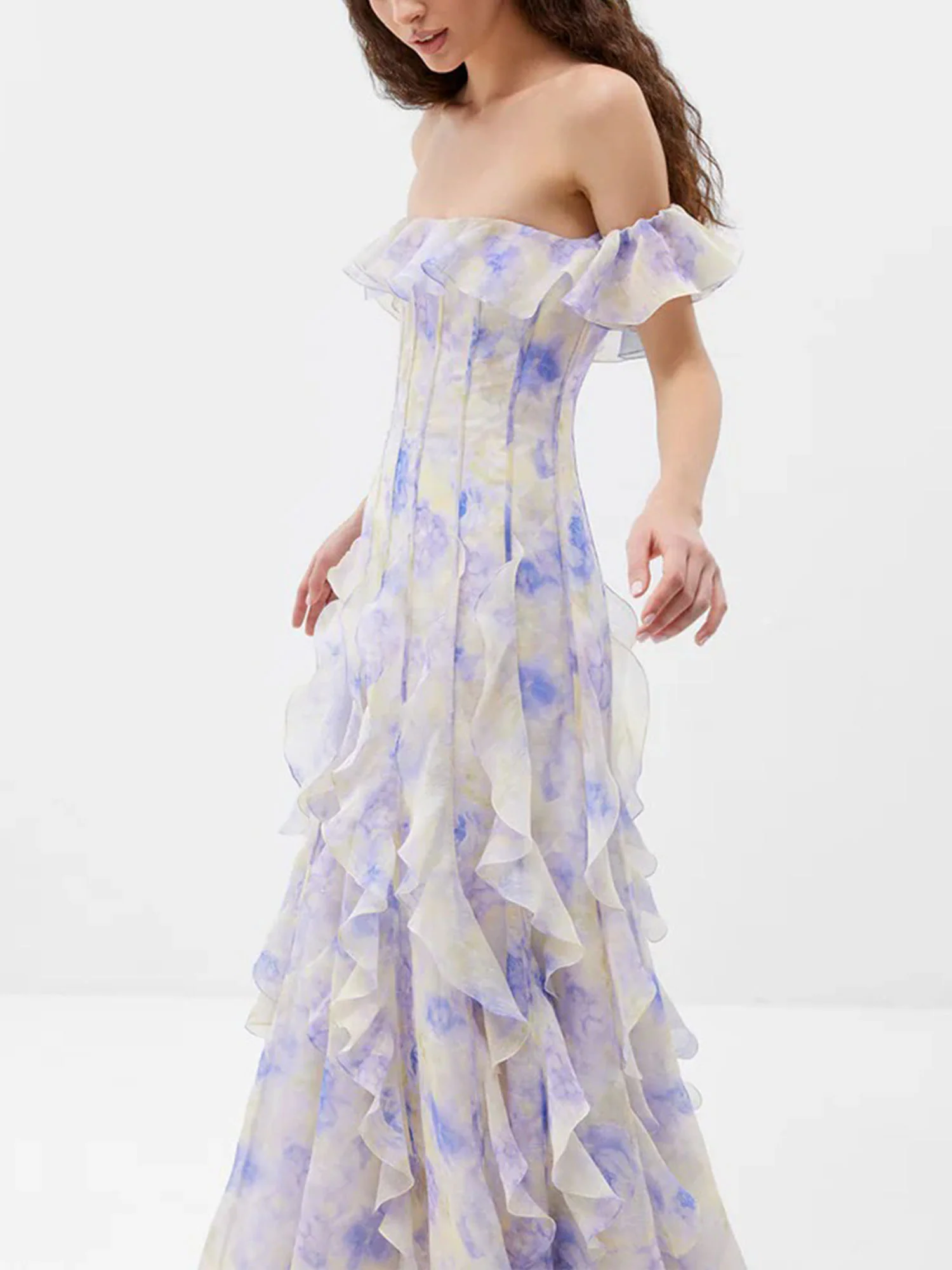 Lilac Off-Shoulder Ruffle Maxi Dress - XPRESSC