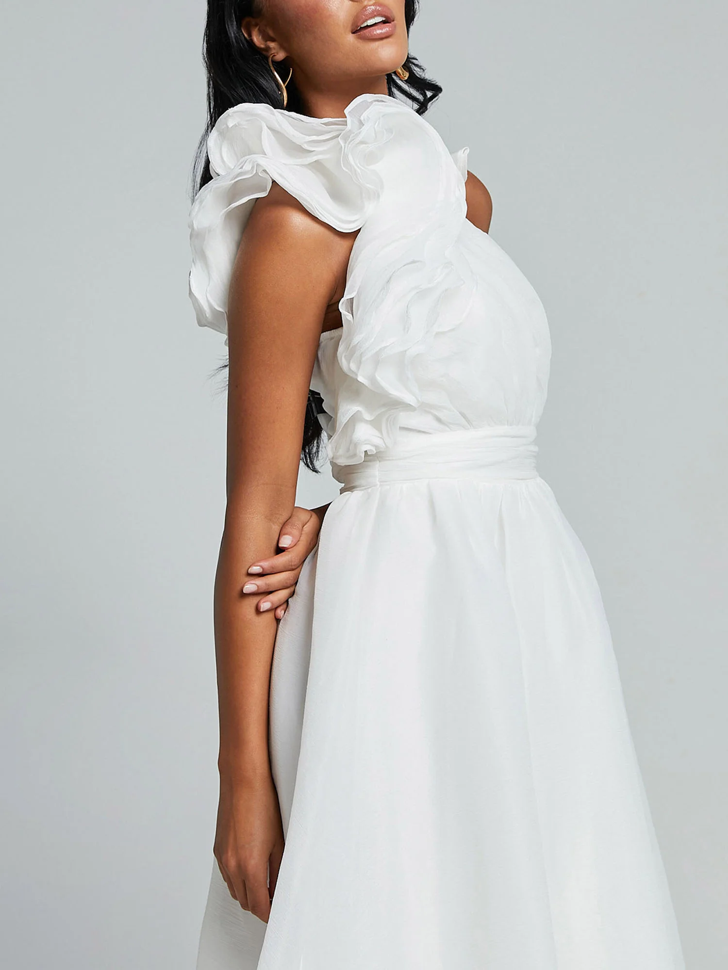 One-Shoulder Ruffle Accent Midi Dress - XPRESSC