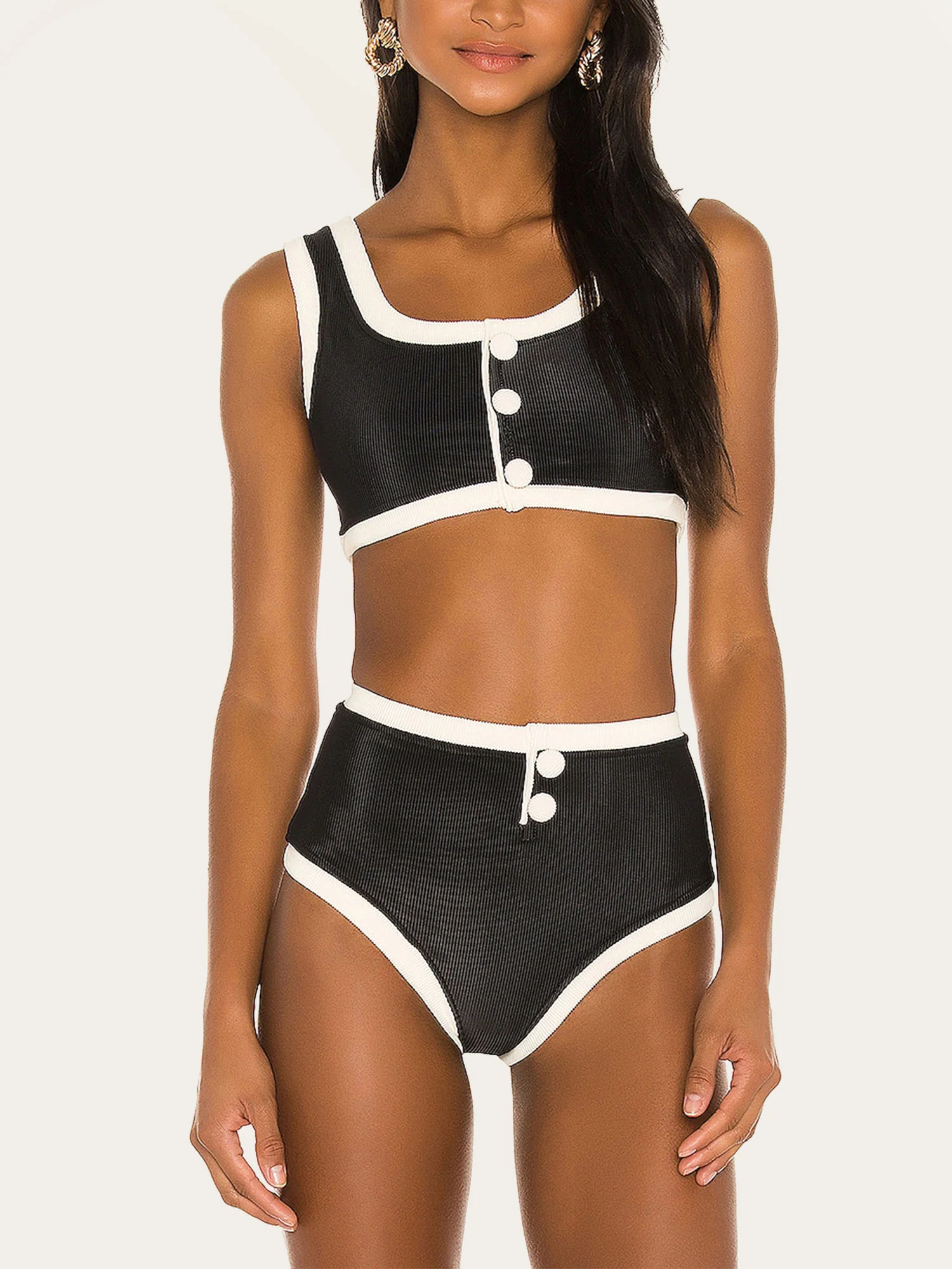 Black and White Two-Piece Bikini with Buttons - XPRESSC