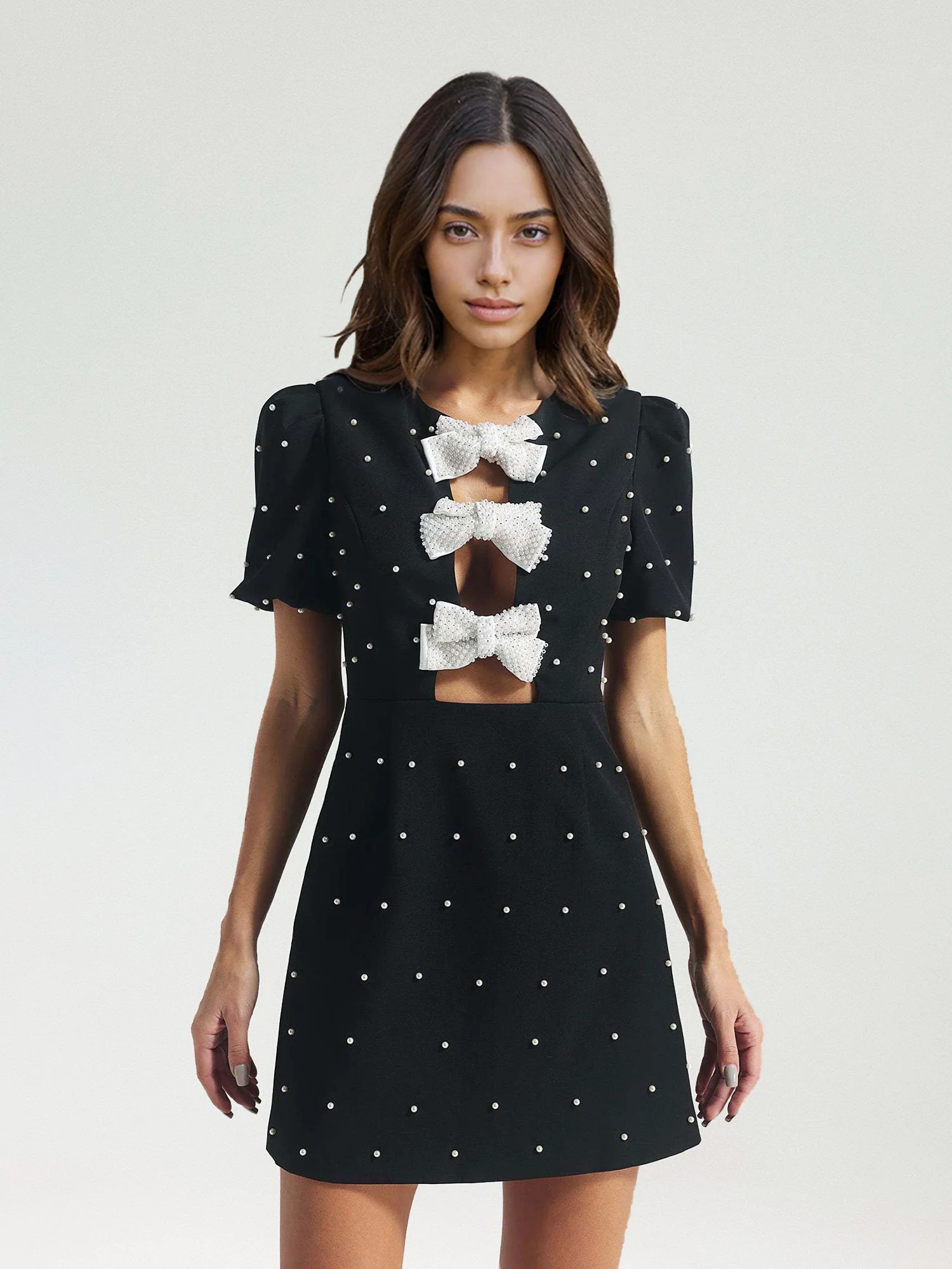 Bow Accent Embellished Mini Dress - XPRESSC