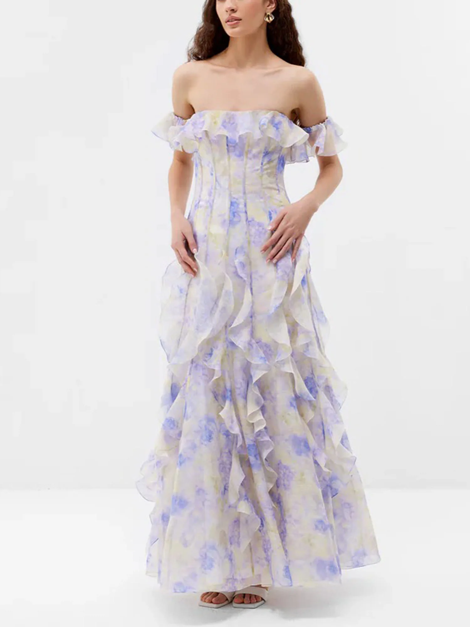 Lilac Off-Shoulder Ruffle Maxi Dress - XPRESSC