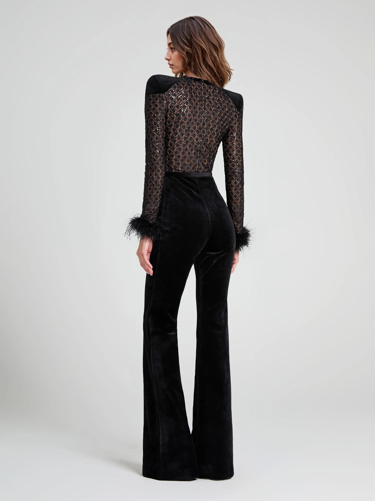 Lace Sequined Feather Trim Flared Jumpsuit - XPRESSC