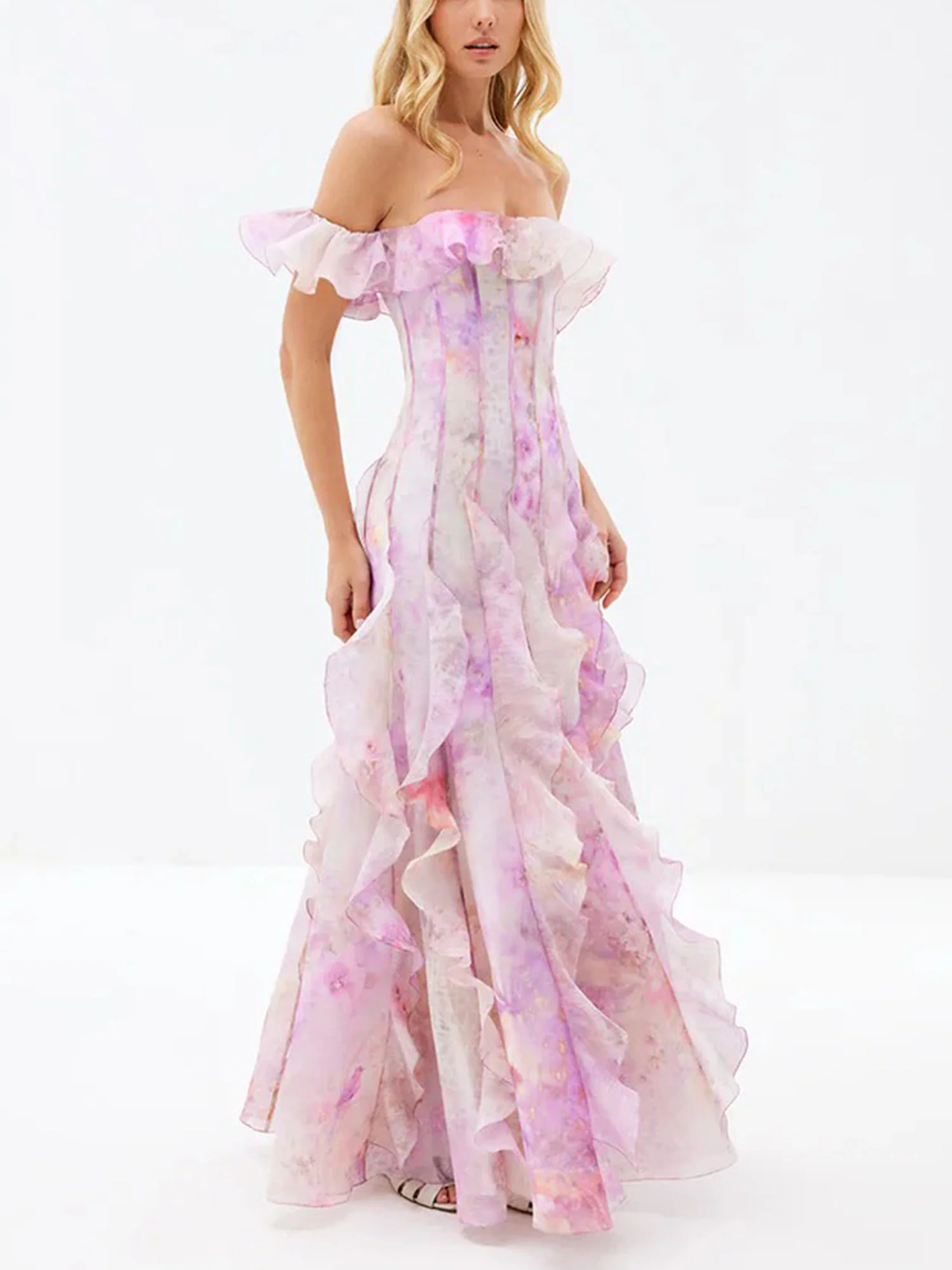 Lavender Off-Shoulder Ruffle Maxi Dress - XPRESSC