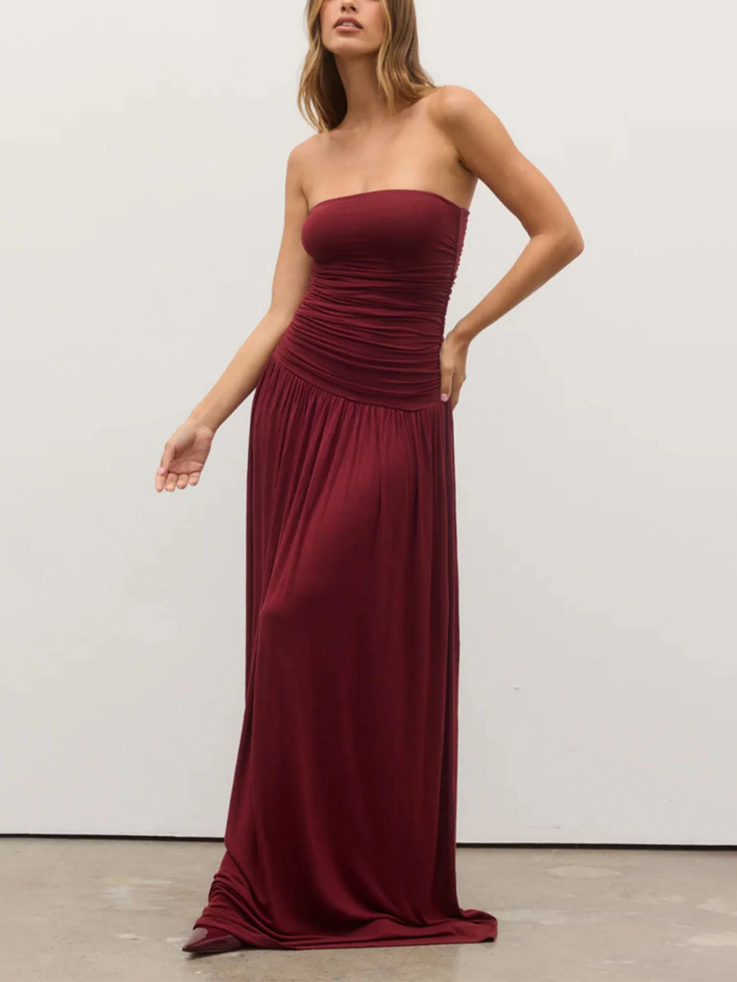Burgundy Strapless Ruched Maxi Dress - XPRESSC