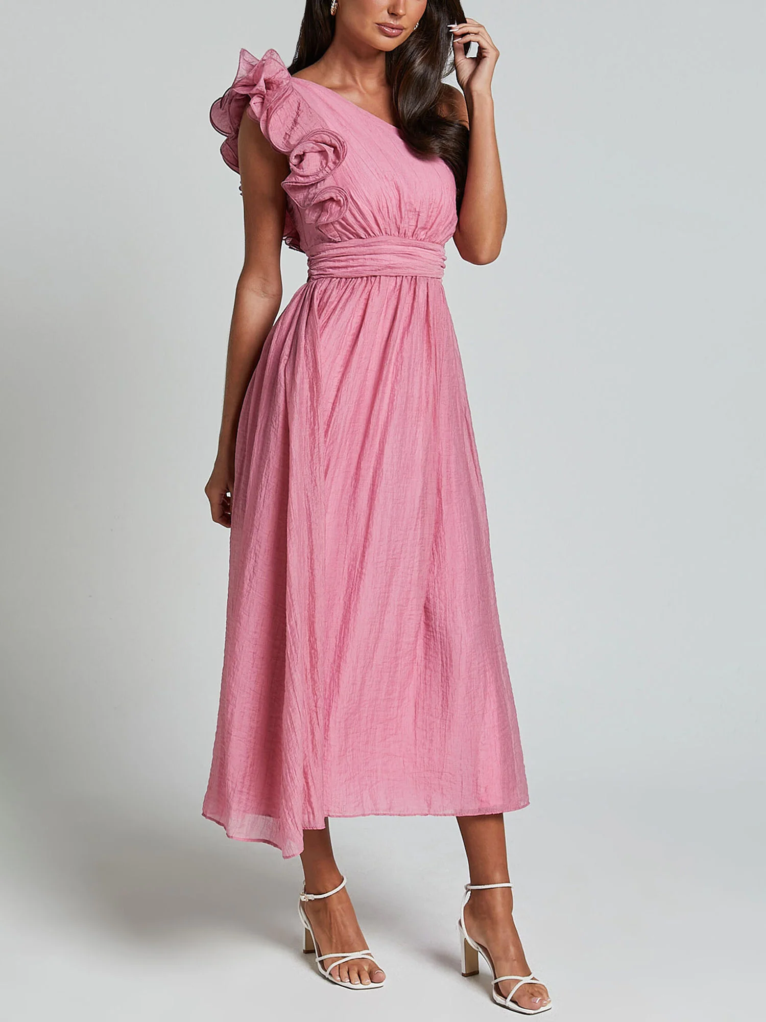 One-Shoulder Ruffle Accent Midi Dress - XPRESSC