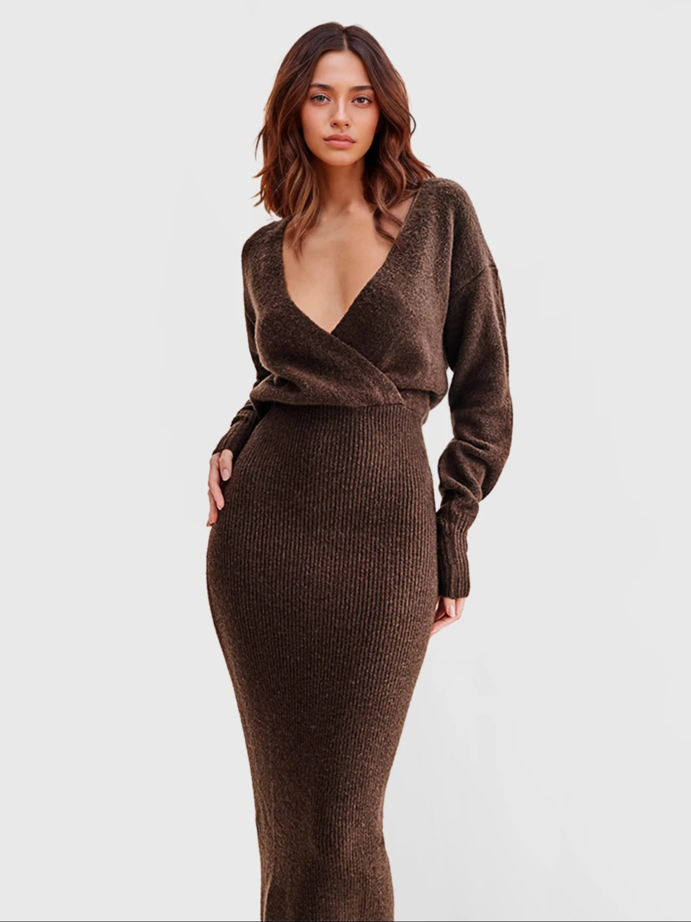 V-Neck Knit Ribbed Dress - XPRESSC