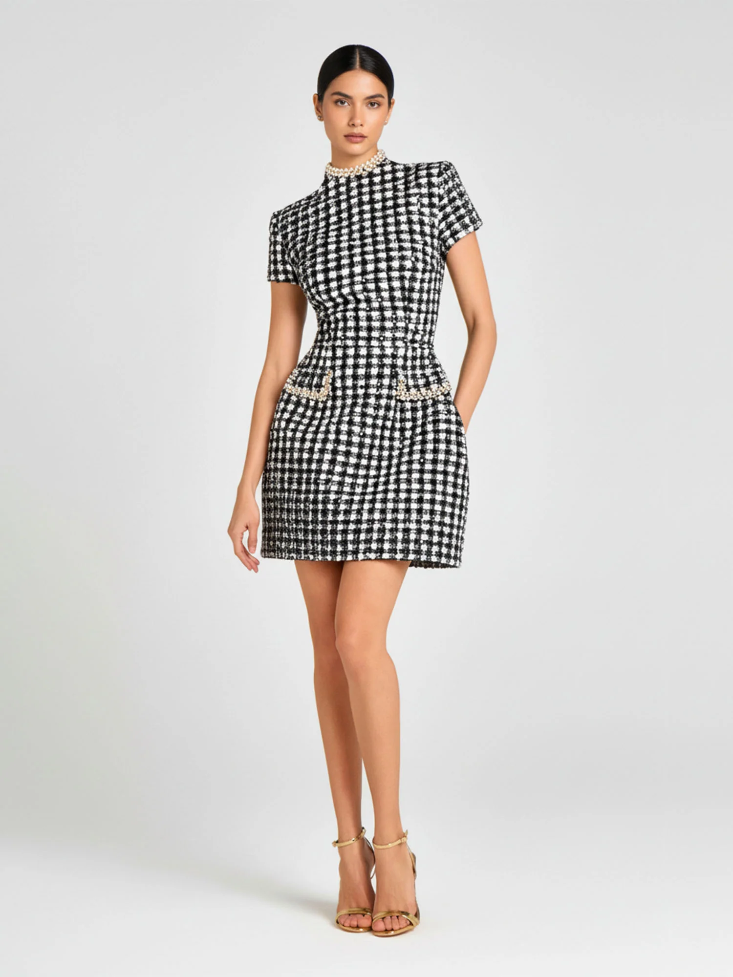 Plaid Pearl Trim Mini Dress - XPRESSC