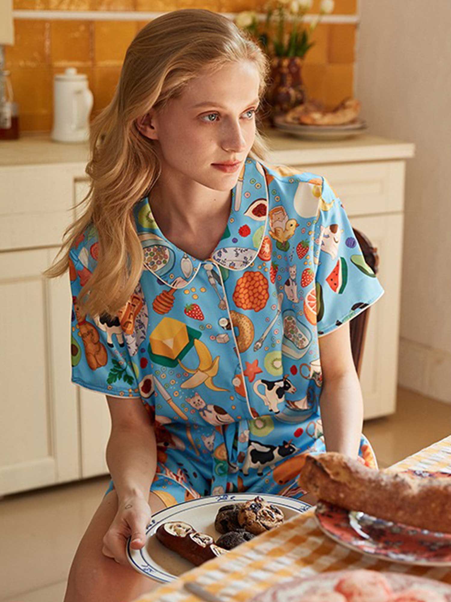 Cartoon Breakfast Print Pajama Set - XPRESSC