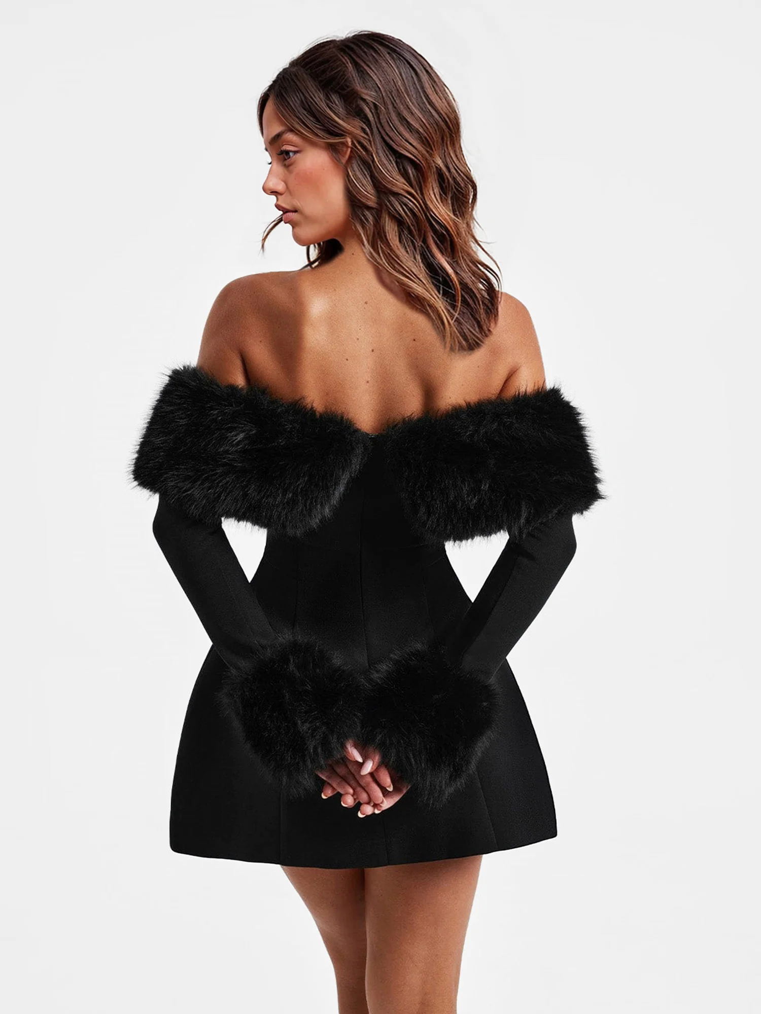 Faux Fur Off-Shoulder Mini Dress - XPRESSC
