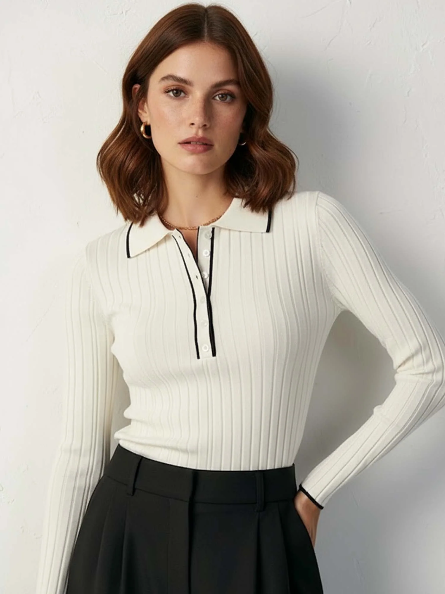 Fitted Rib Polo Knit French Base Layer - XPRESSC