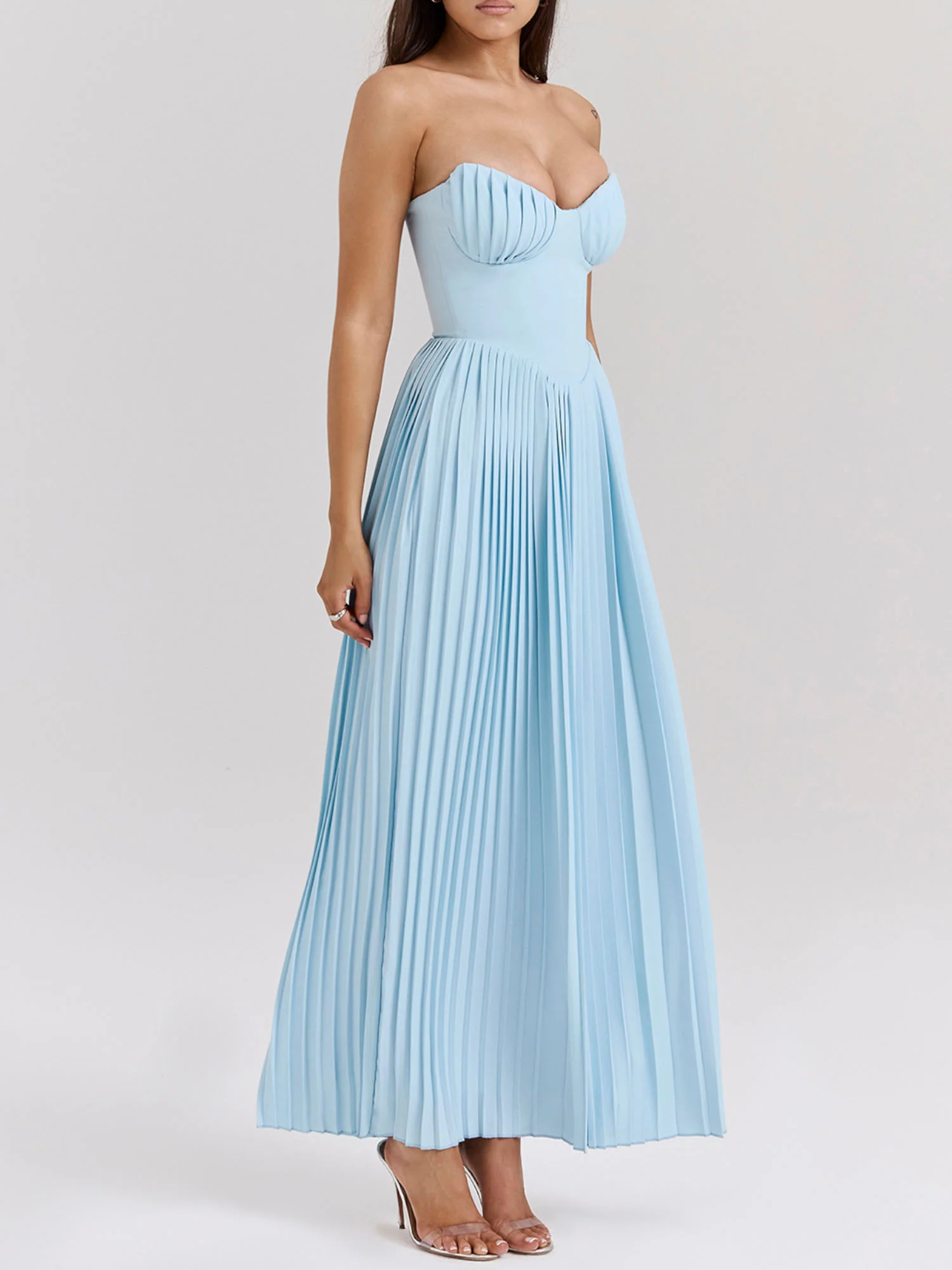 Pleated Strapless Sky Blue Maxi Dress - XPRESSC