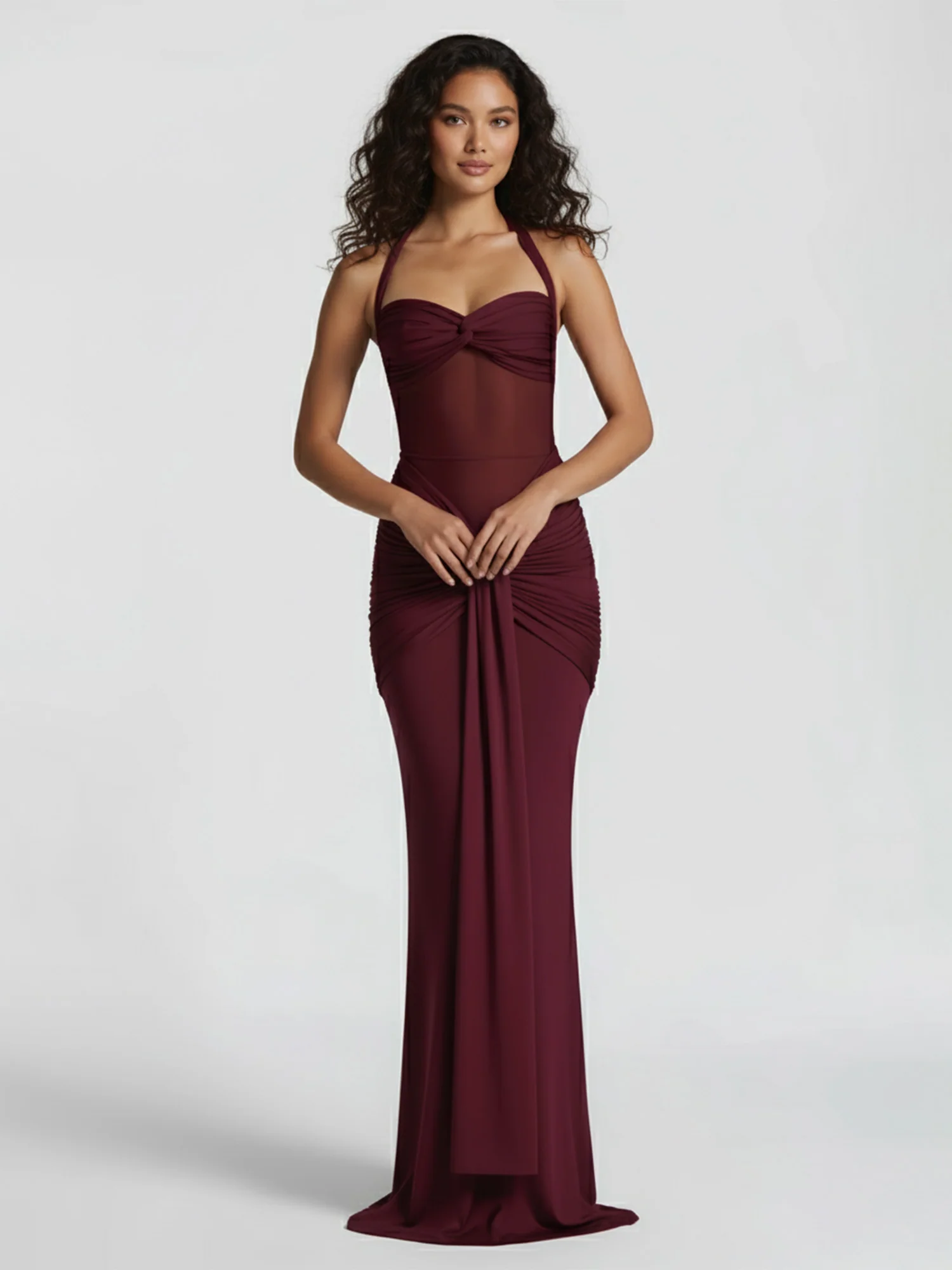 Red Draped Halter Maxi Dress Sheer Elegance - XPRESSC