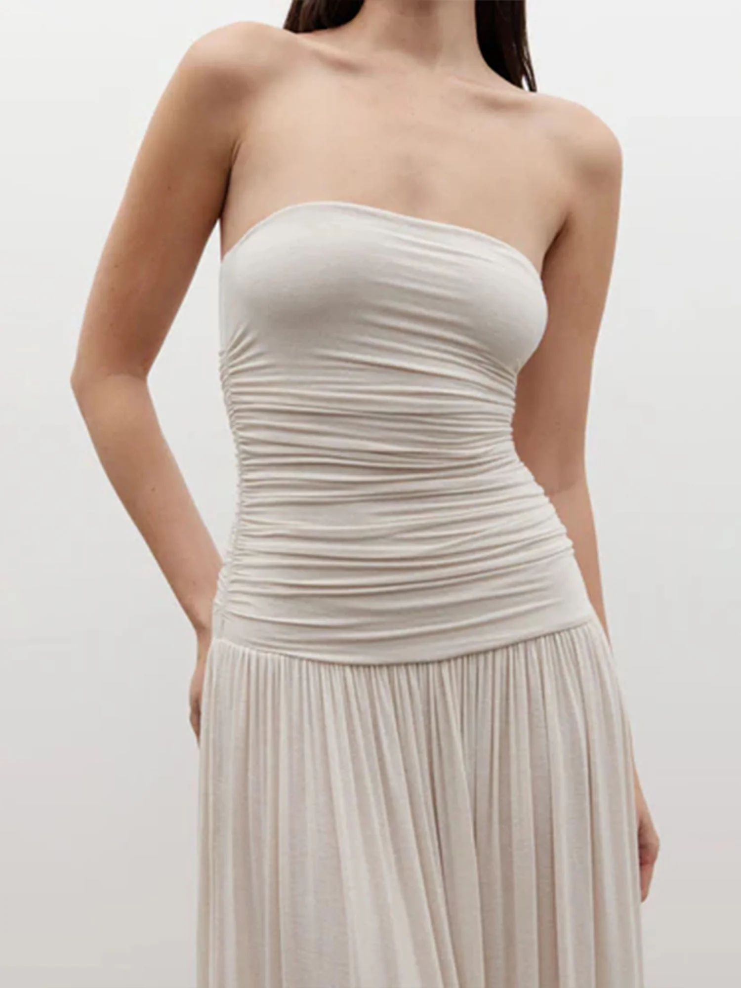 White Strapless Ruched Maxi Dress - XPRESSC