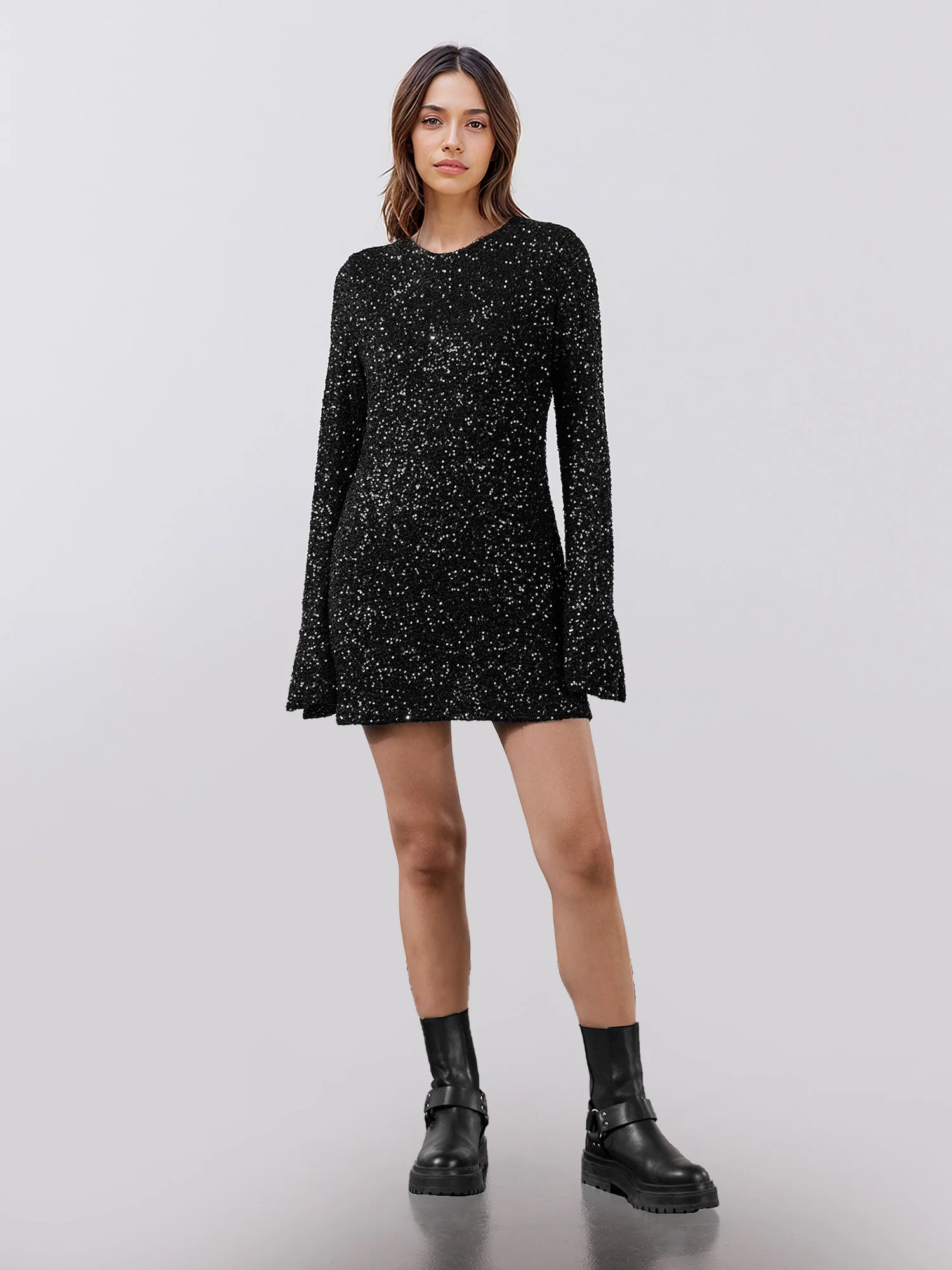 Sparkling Bell-Sleeve Mini Dress - XPRESSC