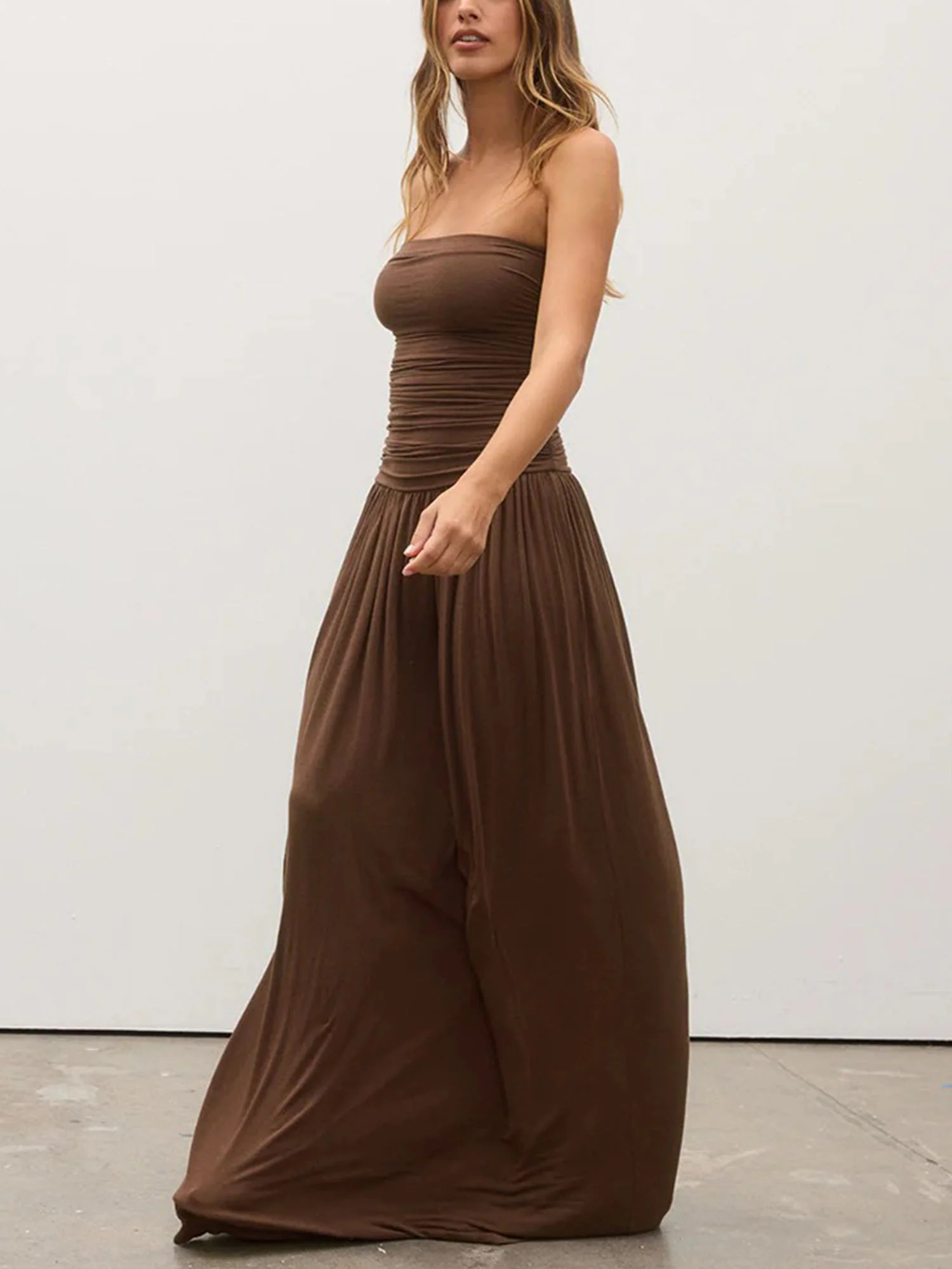 Brown Strapless Ruched Maxi Dress - XPRESSC