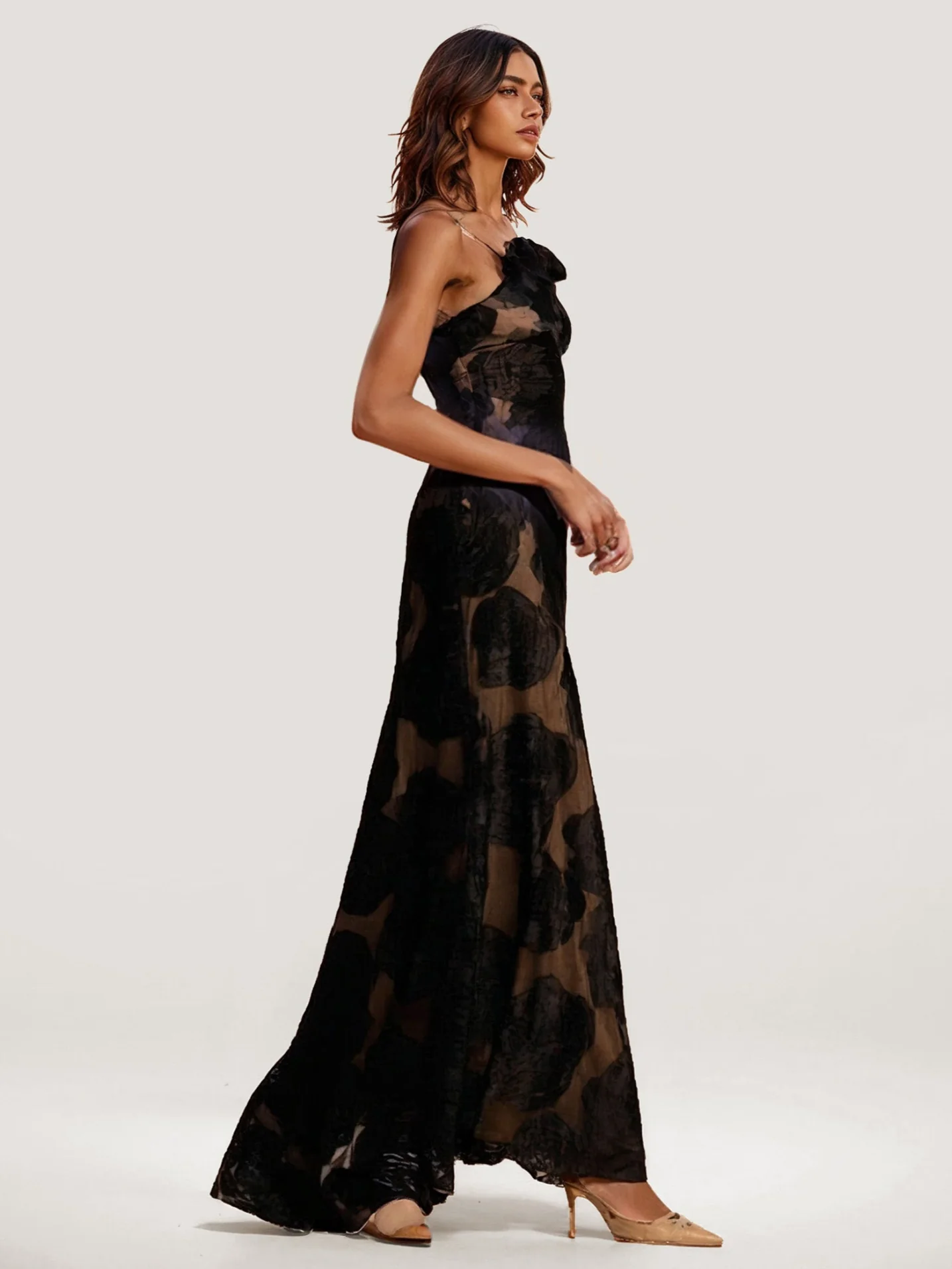 One-Shoulder Floral Embroidered Maxi Dress - XPRESSC