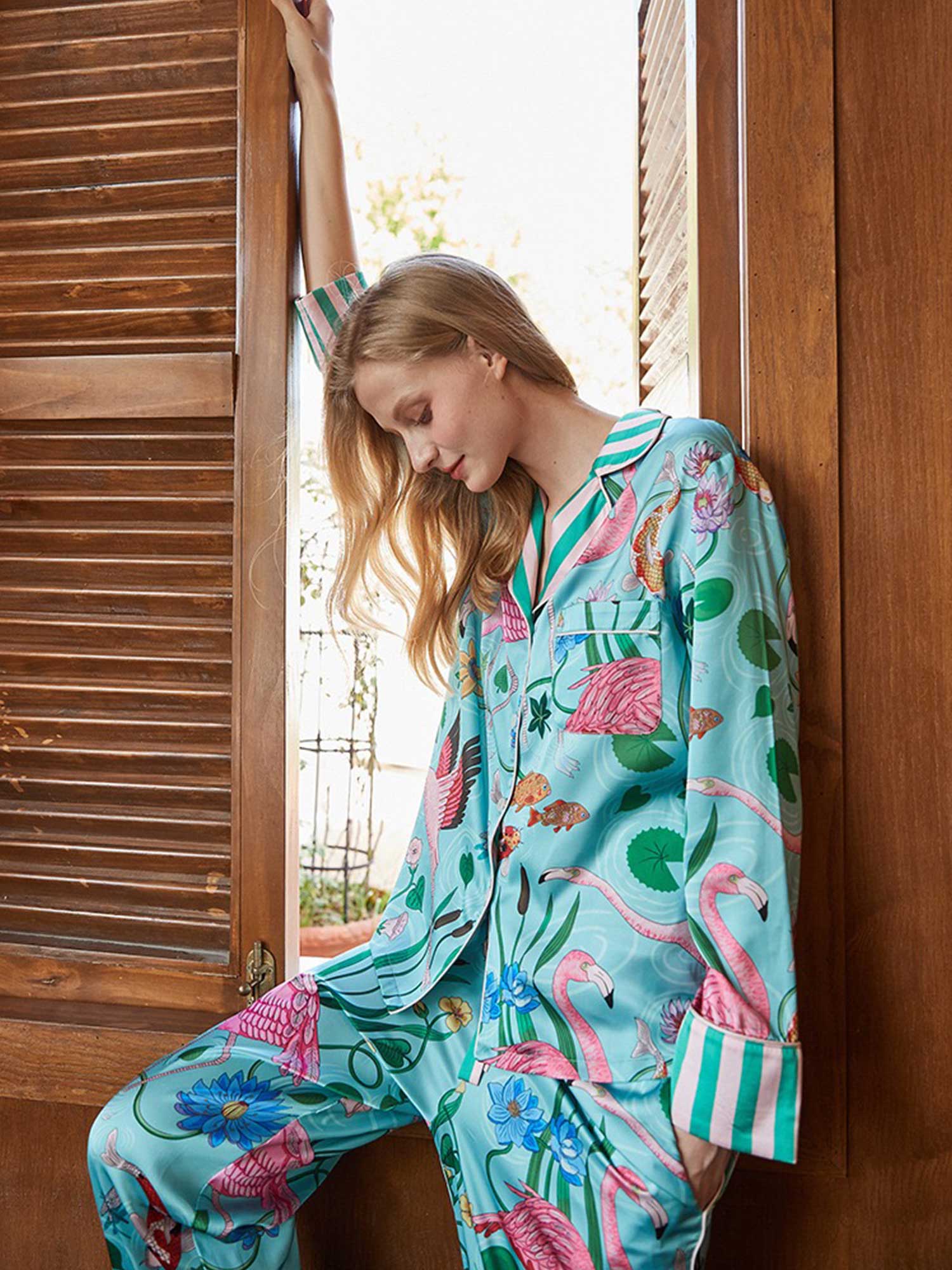Flamingo Print Long Pajama Set - XPRESSC