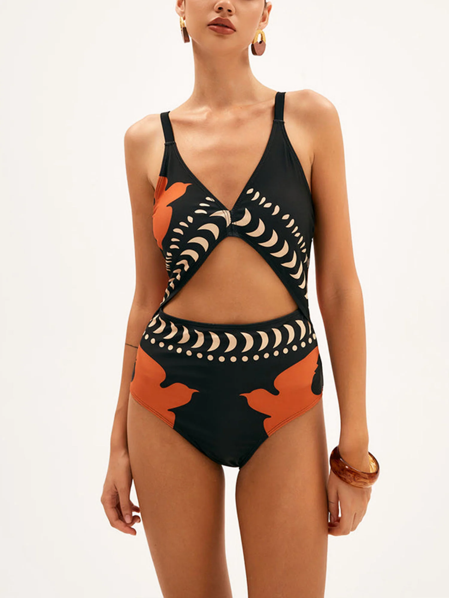 Black and Orange Cut-Out One-Piece Swimsuit - XPRESSC