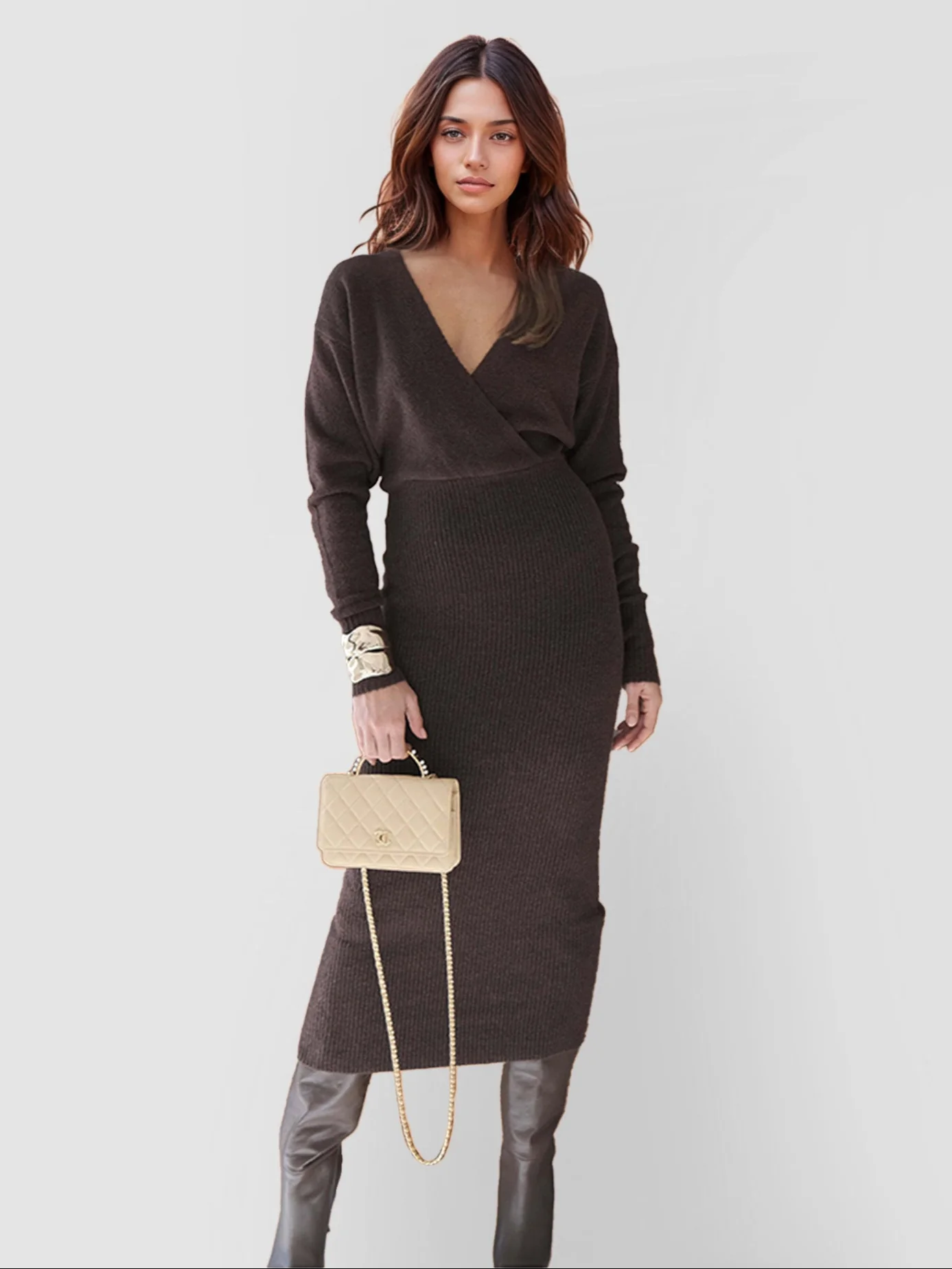 V-Neck Knit Ribbed Dress - XPRESSC