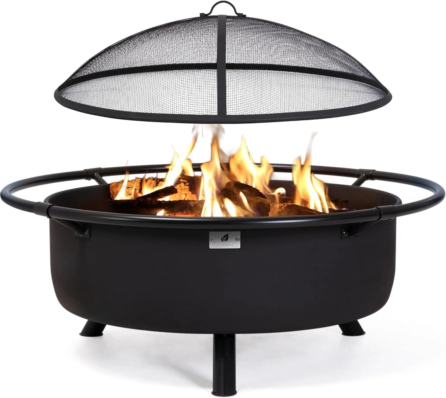 SUNCREAT 42” Patio Fire Pit Wood Burning with Mesh Spark Screen, Bonfire Outdoor firepit with Fireplace Poker, Black - CostcoStore