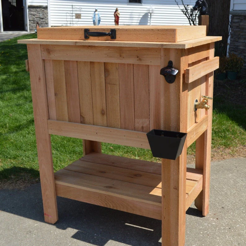 All Weather 48 Quart Antiqued Cedar Cooler Stand with Brass Drain, Bottle Opener and Cap Catcher, Beer Cooler. - CostcoStore