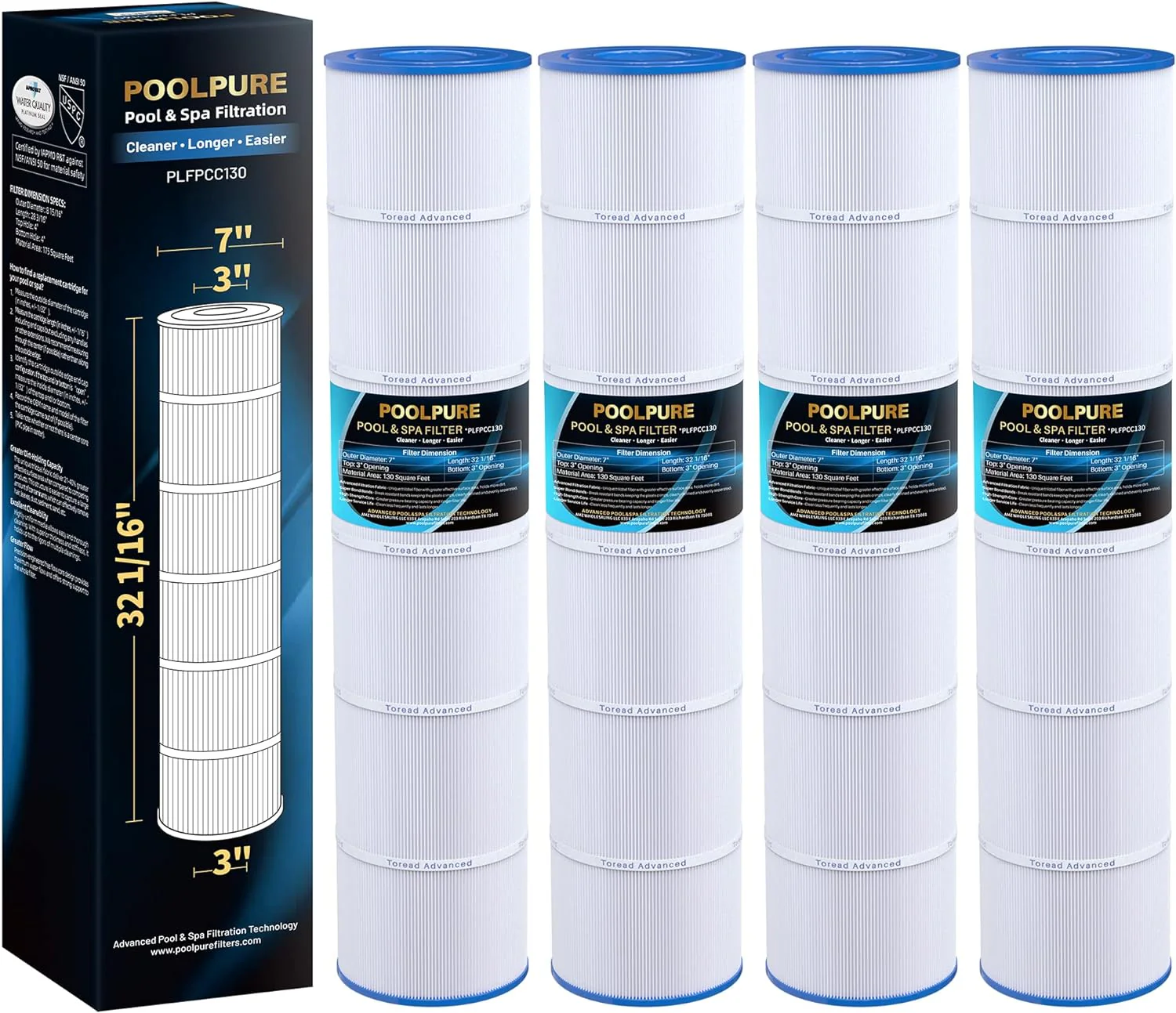 POOLPURE PLFPCC130 Pool Filter Replaces Pentair CCP520, R173578, PCC130, Ultral-A7, Unicel C-7472, Filbur FC-1978, FC-6475, Pentair Clean and Clear...