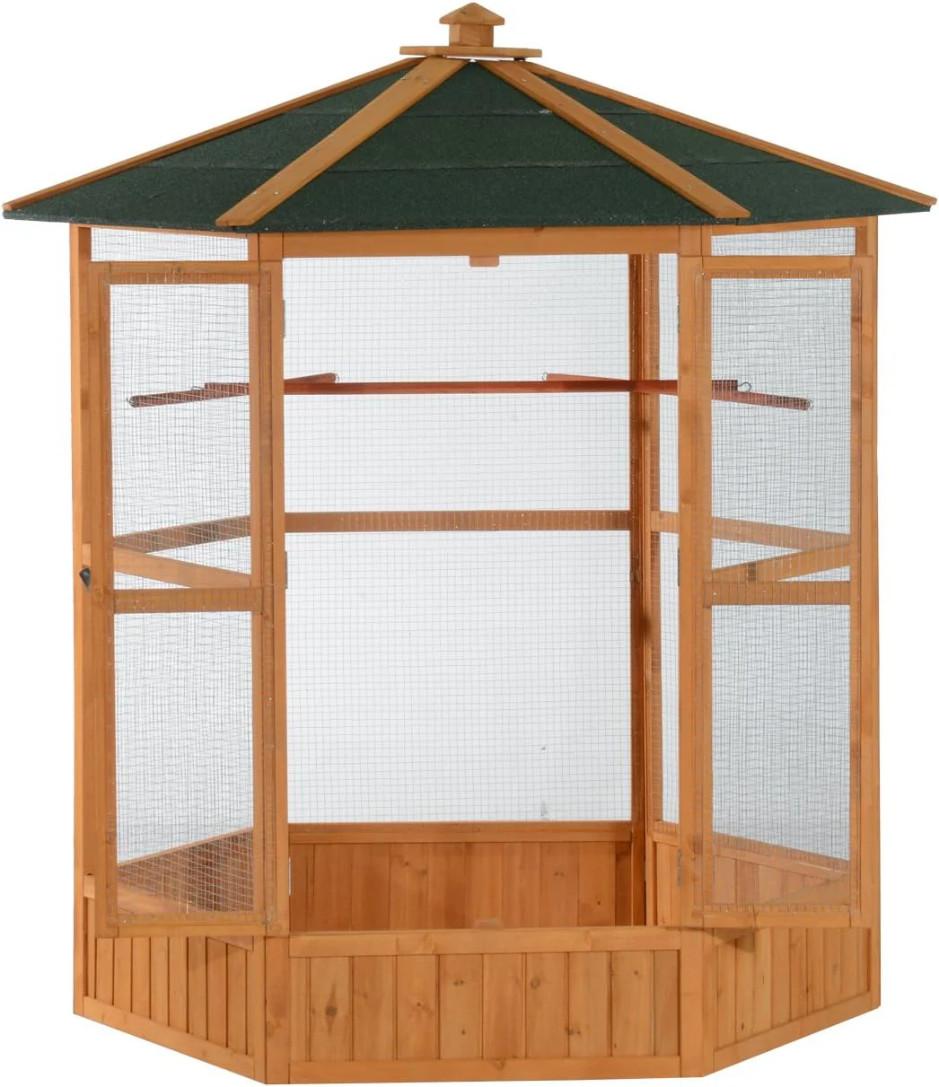 Large Wooden Hexagonal Outdoor Aviary Flight Bird Cage with Covered Roof - CostcoStore