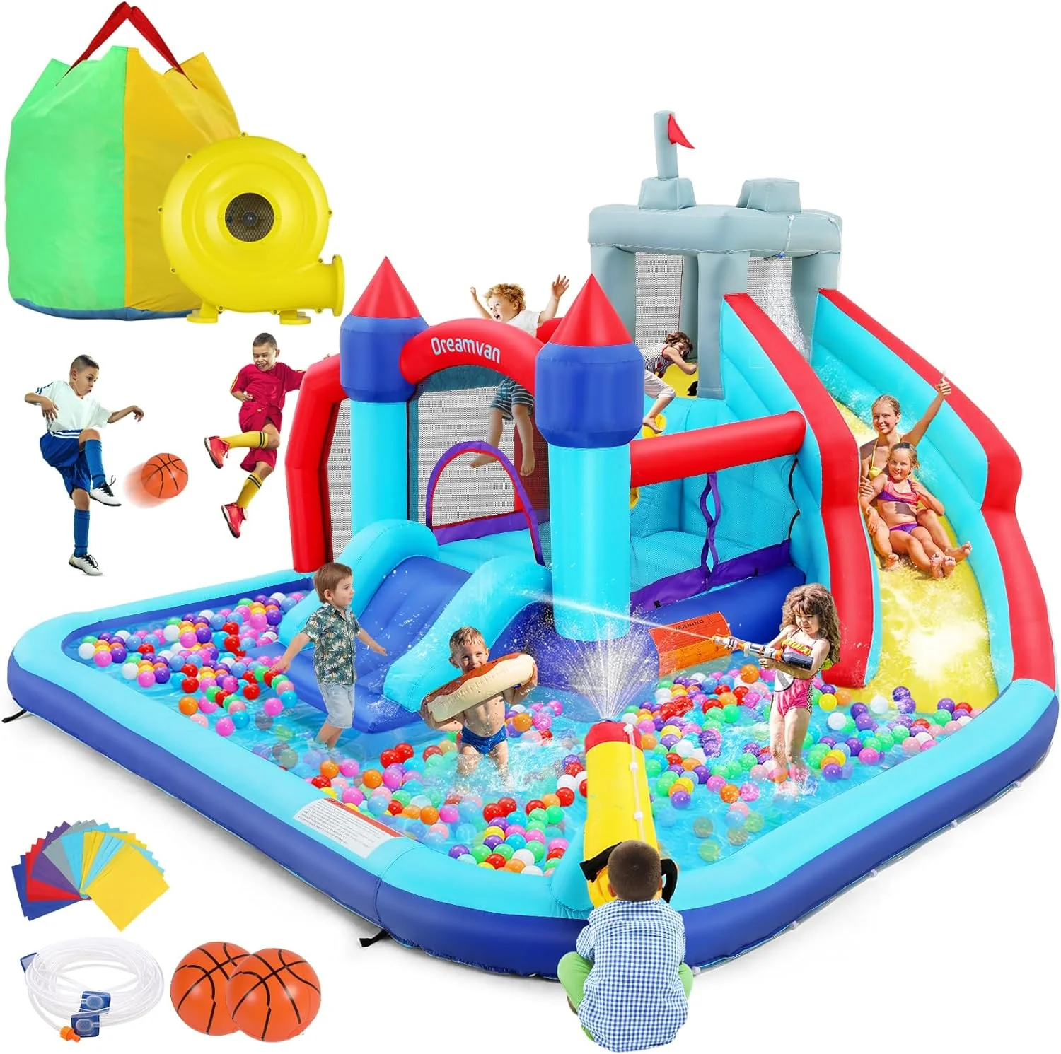 Inflatable Water Slides for Kids 8-in-1 Bounce House Water Park with 450W Blower Climbing Wall, Splash Pool, 2 Water Cannons, Basketball Hoop,...
