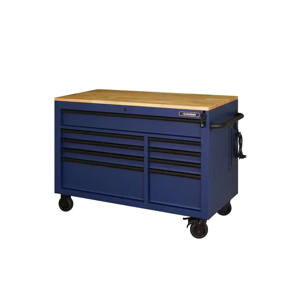 Heavy-Duty 52 in. 9-Drawer Mobile Workbench with Adjustable-Height Solid Wood Top in Matte Blue - CostcoStore