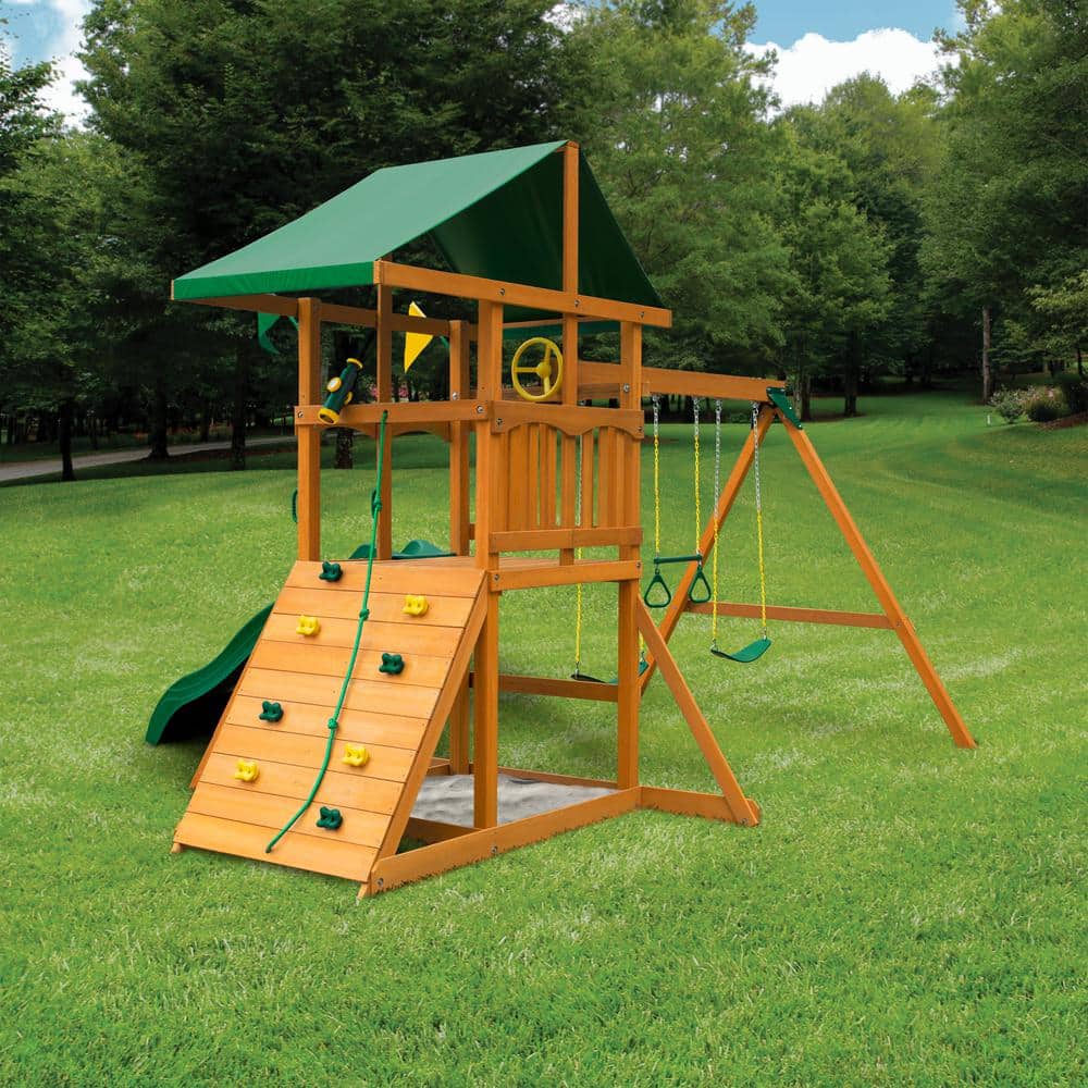 DIY Outing III Wooden Outdoor Playset with Tarp Roof, Rock Wall, Wave Slide, Swings, and Backyard Swing Set Accessories