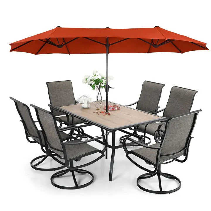 8 Pieces Patio Dining Set with Umbrella,Outdoor Furniture Set with 6 Sling Dining Swivel Chairs - CostcoStore