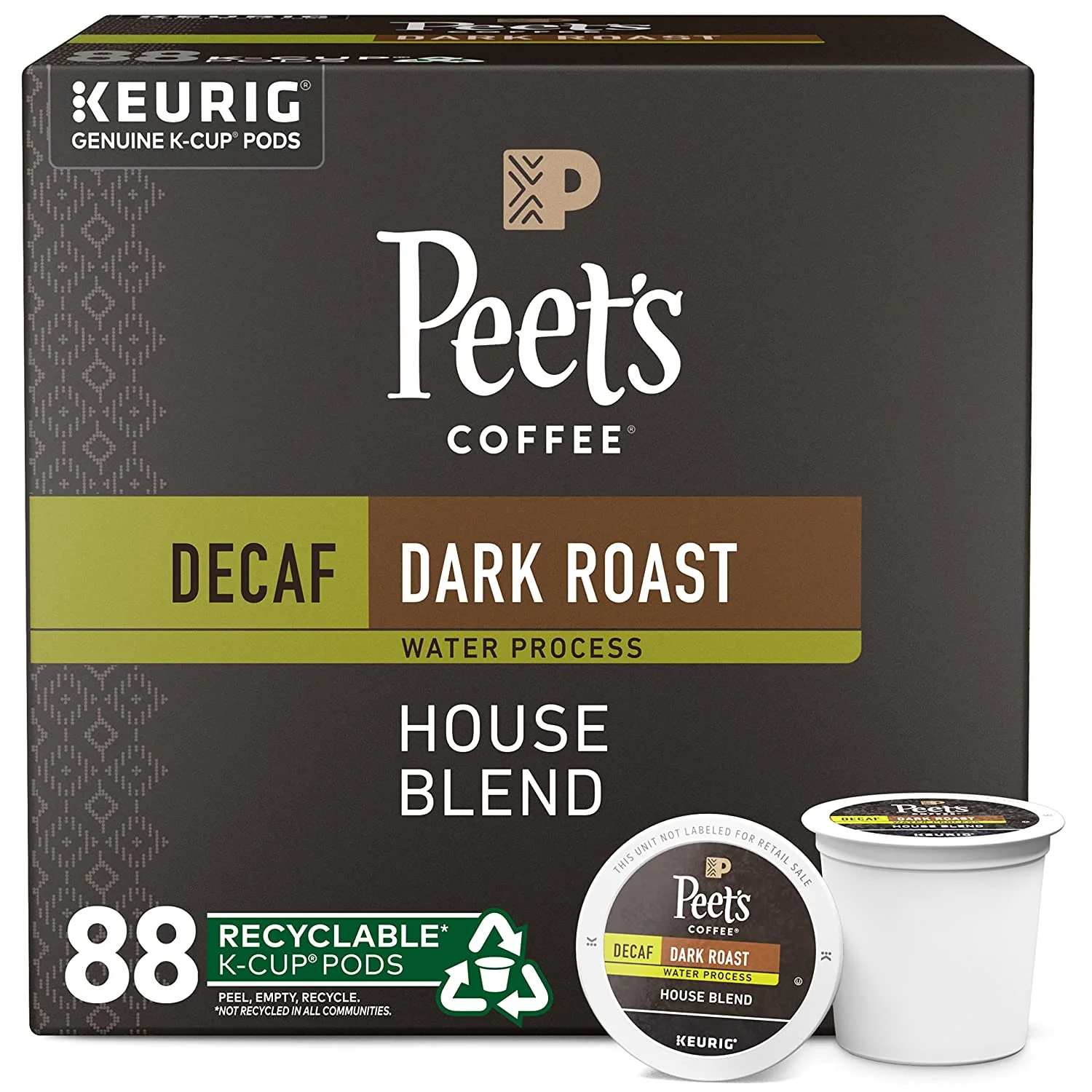 Peet's Coffee Dark Roast Decaffeinated Coffee Decaf House Blend 88 Count (4 Boxes of 22 K-Cup Pods) - CostcoStore