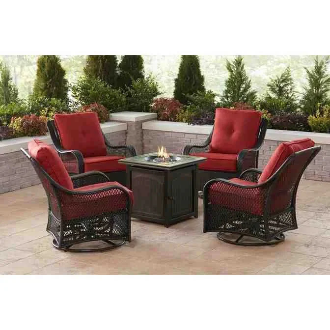 5-Piece Steel Patio Fire Pit Conversation Set with Navy Blue Cushions, Swivel Gliders and Square Fire Pit Table - CostcoStore