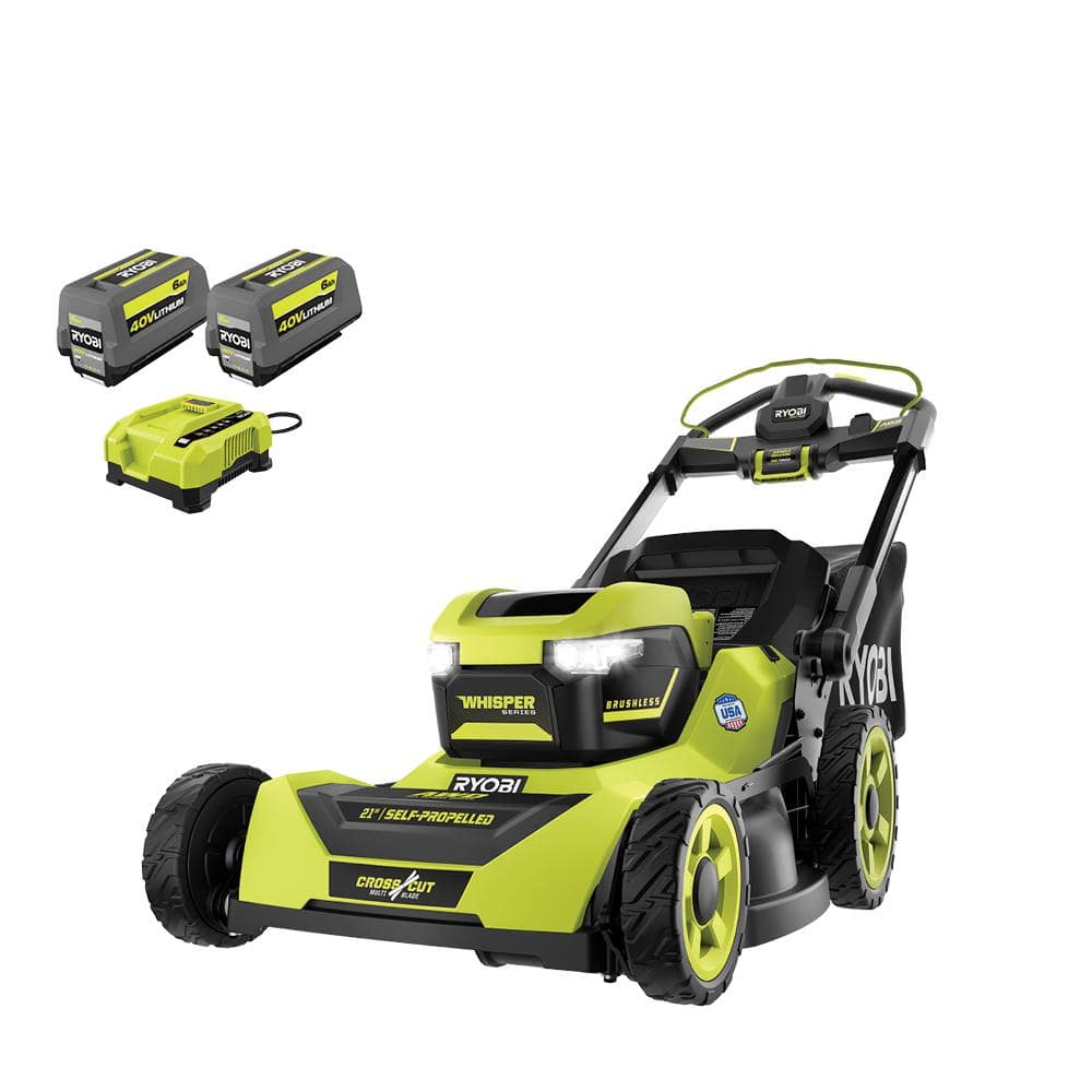 Ryobi 40V HP Brushless 21-in Self-Propelled AWD Lawn Mower – Whisper Series – Includes (2) 6.0Ah Batteries and Charger