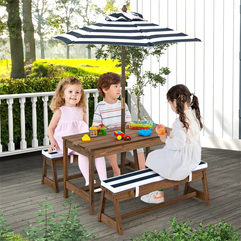 Wooden Kids Picnic Table Bench Set Children Outdoor Activity Table with Cushions & Height Adjustable Umbrella - CostcoStore