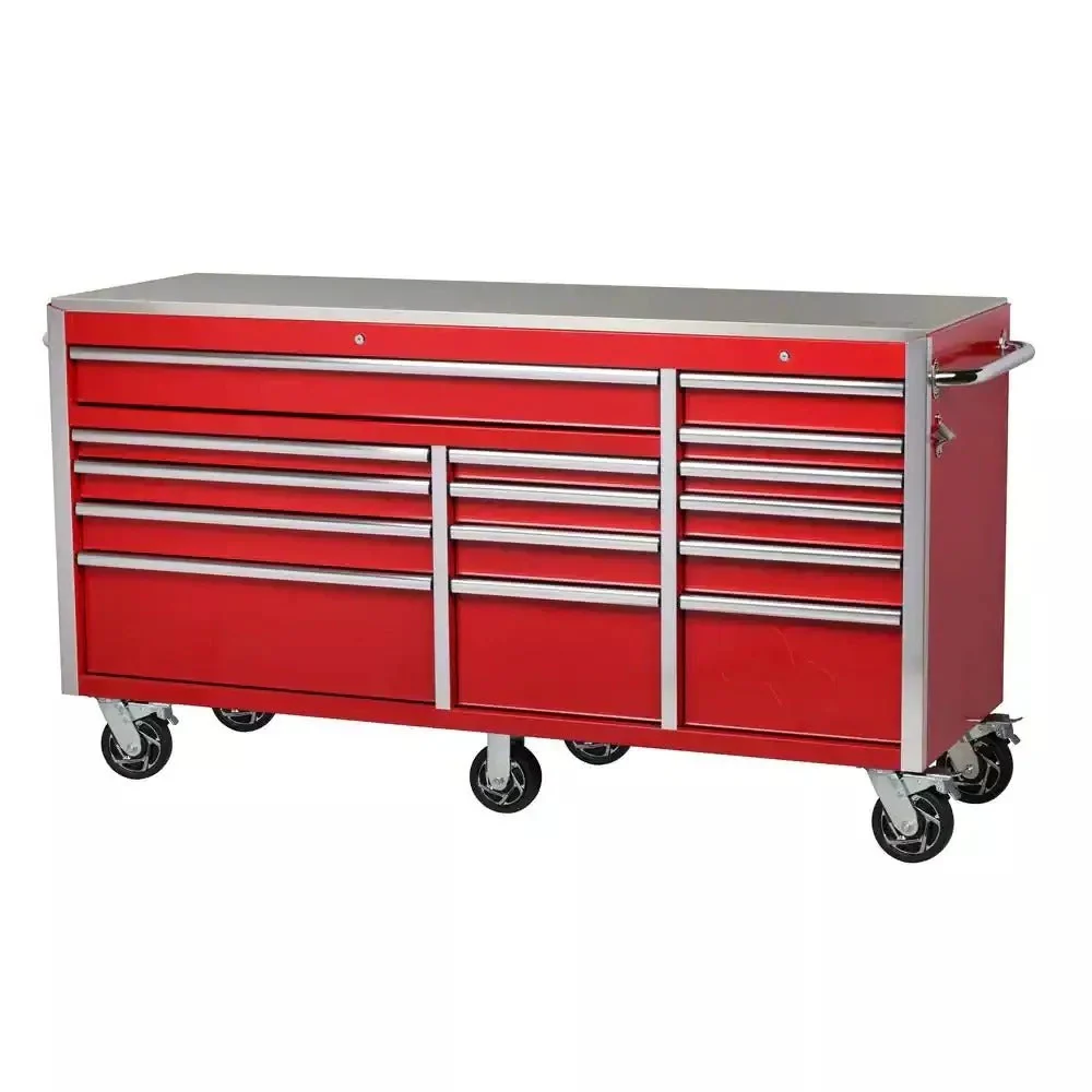 Heavy-Duty 72 in. W x 24 in. D 15-Drawer Tool Chest Mobile Workbench with Stainless Steel Top and Dual Locks in Red - CostcoStore