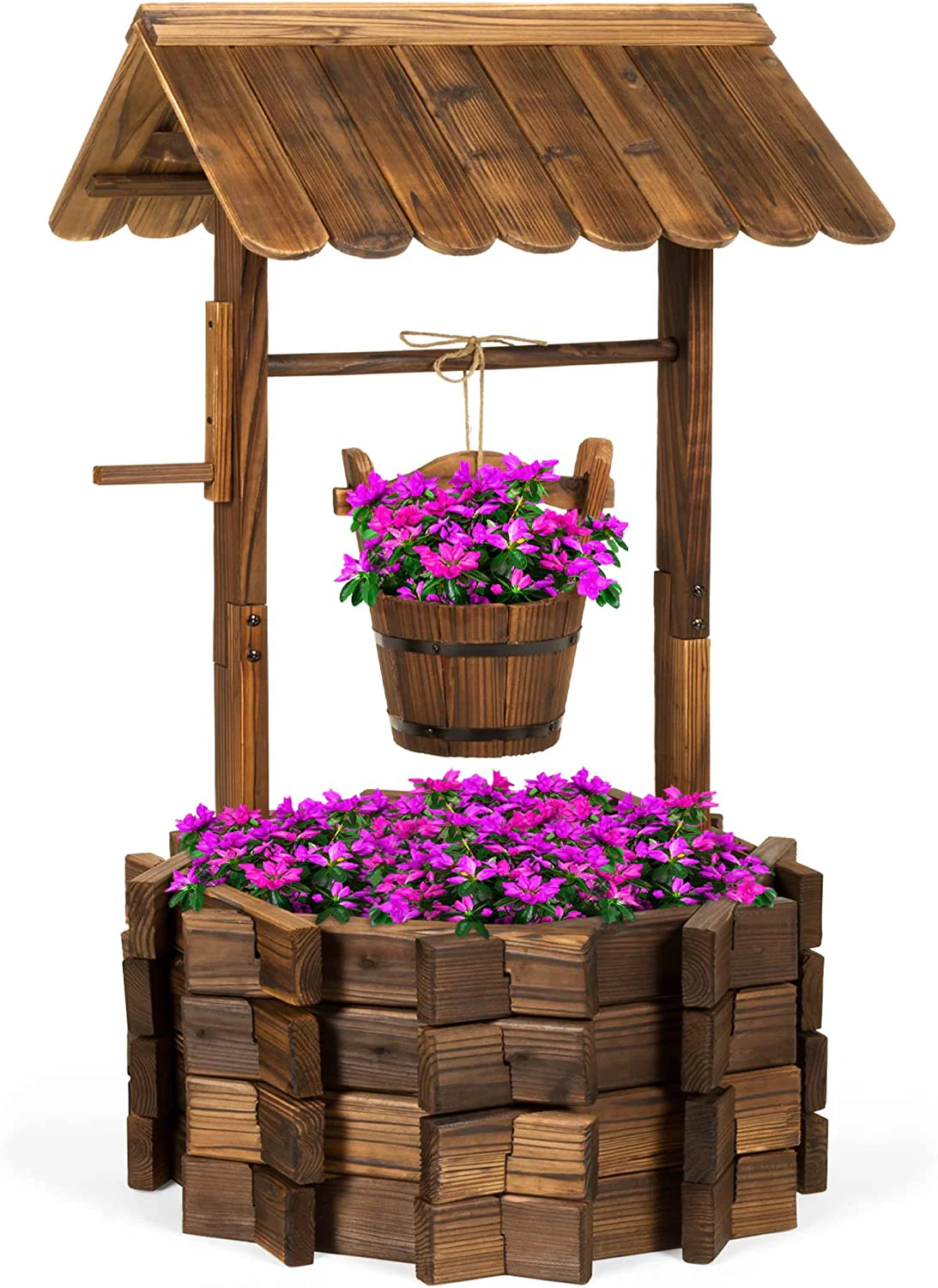 Best Choice Products Rustic Wooden Wishing Well Planter Outdoor Home Décor for Patio, Garden, Yard w/Hanging Bucket - CostcoStore
