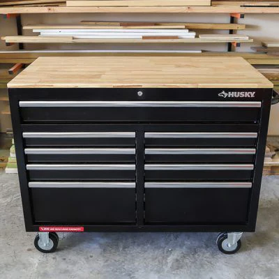 46-in W x 24.5-in D 9-Drawer Mobile Workbench with Hardwood Top and Power Station – Gloss Black
