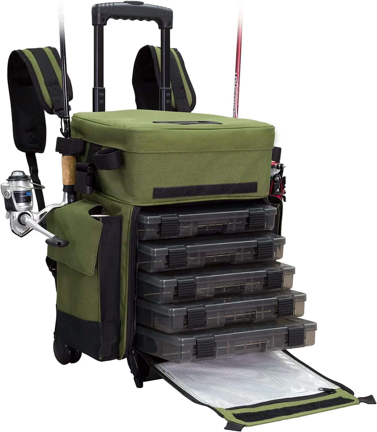 Elkton Outdoors Rolling Tackle Box with Wheels - Waterproof Rolling Fishing Backpack, 5 Removable Tackle Trays, 4 Rod Holders, Fishing Gifts for...