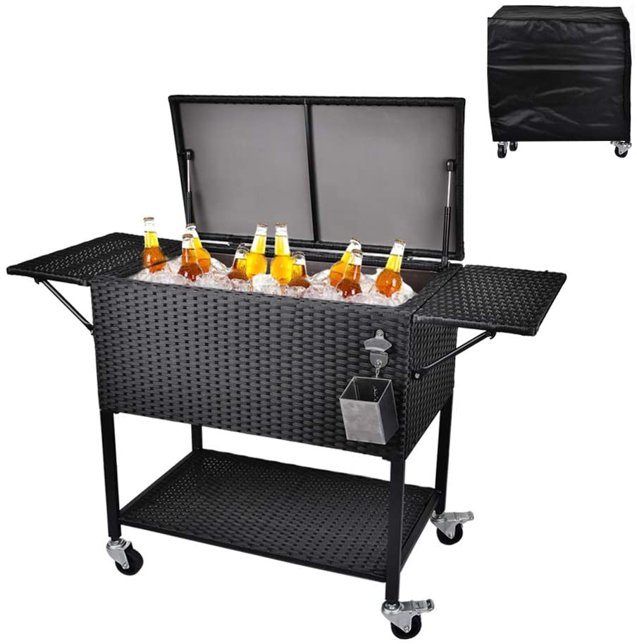 80 Quart Rattan Rolling Cooler Cart, Portable Wicker Cooler Trolley, Backyard Party Drink Beverage Bar - CostcoStore