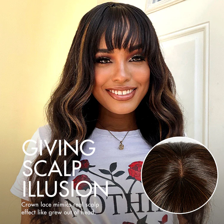 True Scalp Blonde Highlight Loose Wave Glueless Minimalist Lace Wig with Bangs