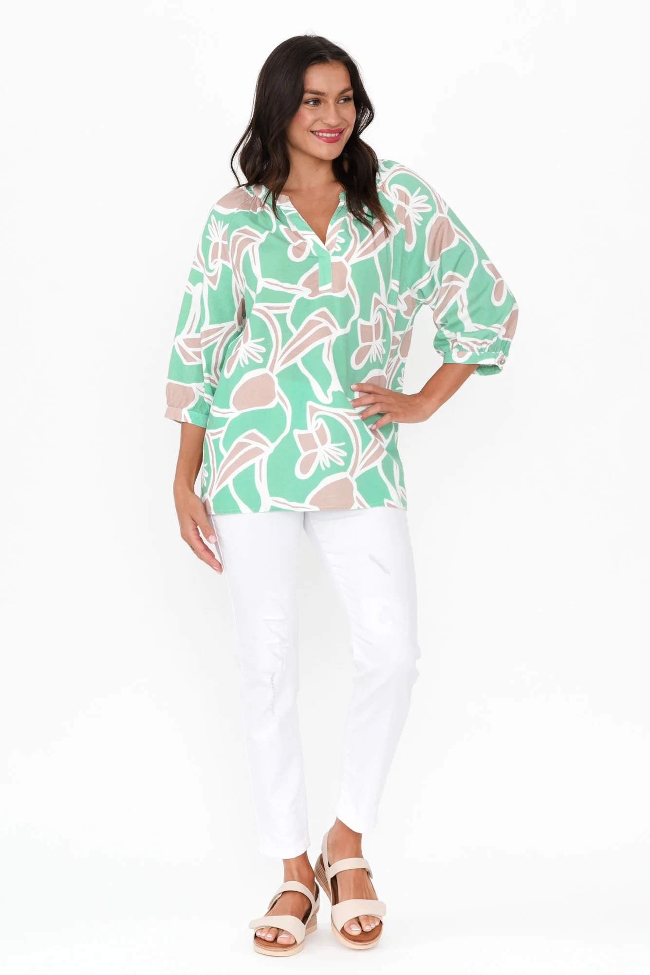 Noosa Green Abstract Linen Blend Top