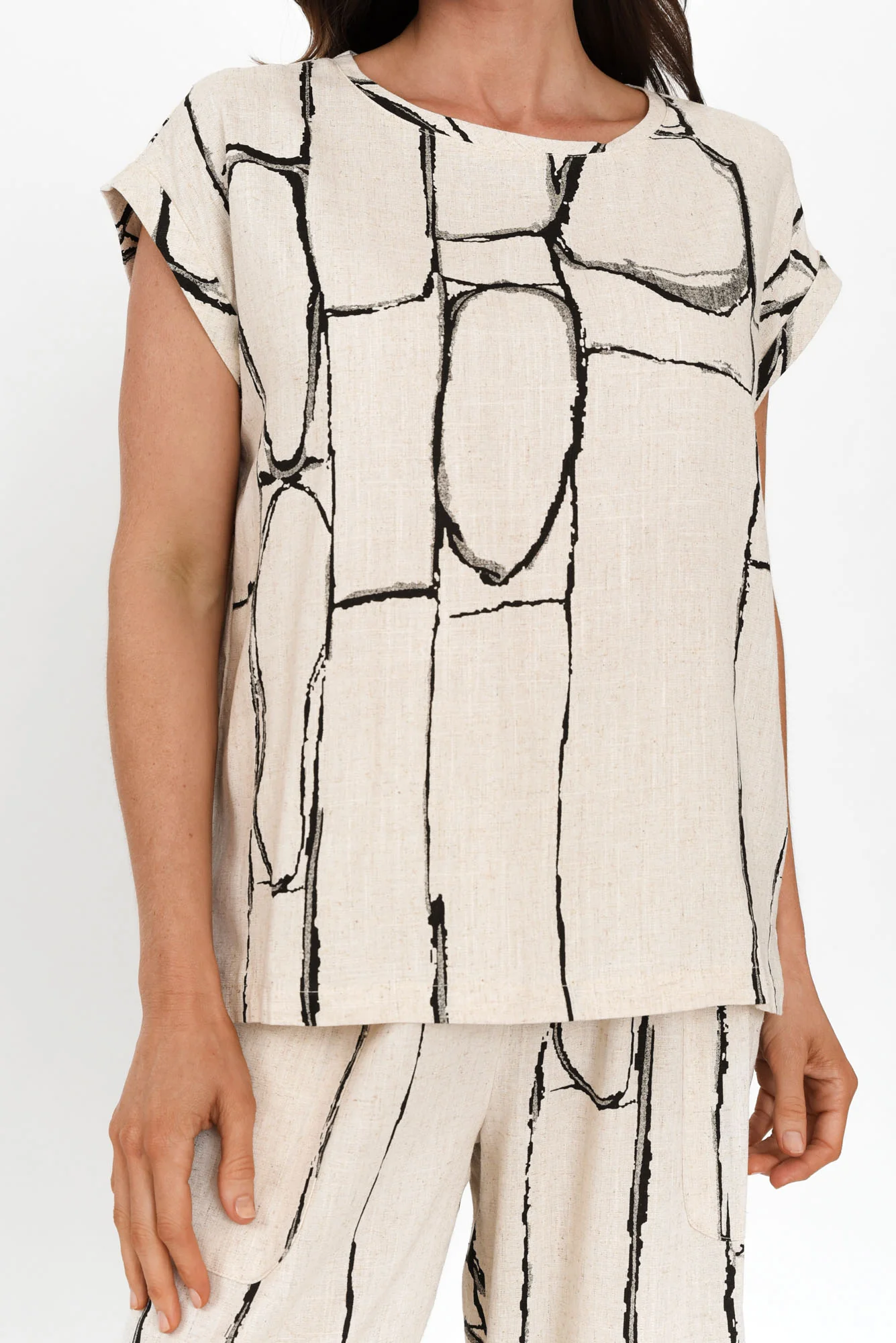 Alta Beige Geo Linen Cotton Top