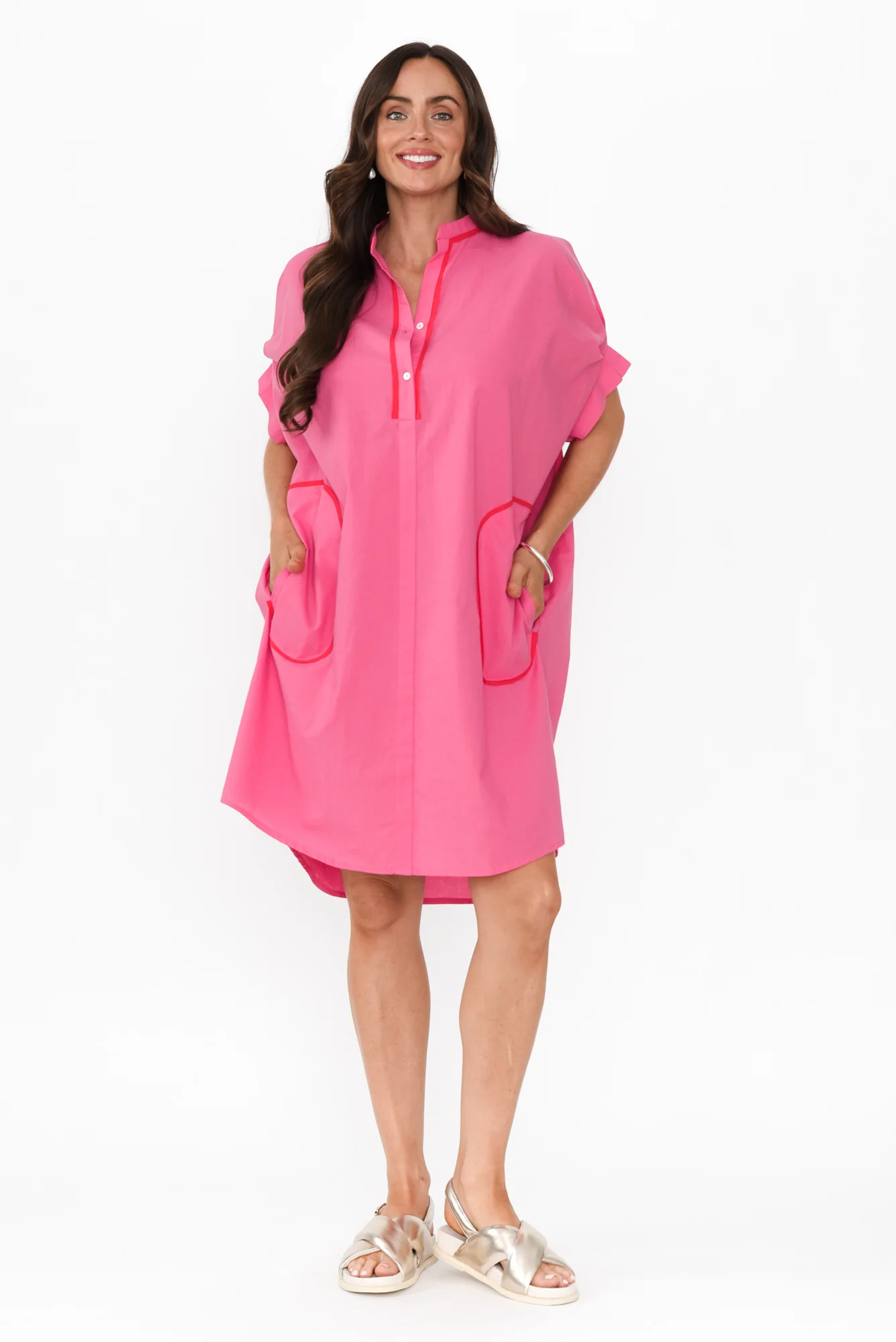 Ellen Pink Contrast Cotton Poplin Dress